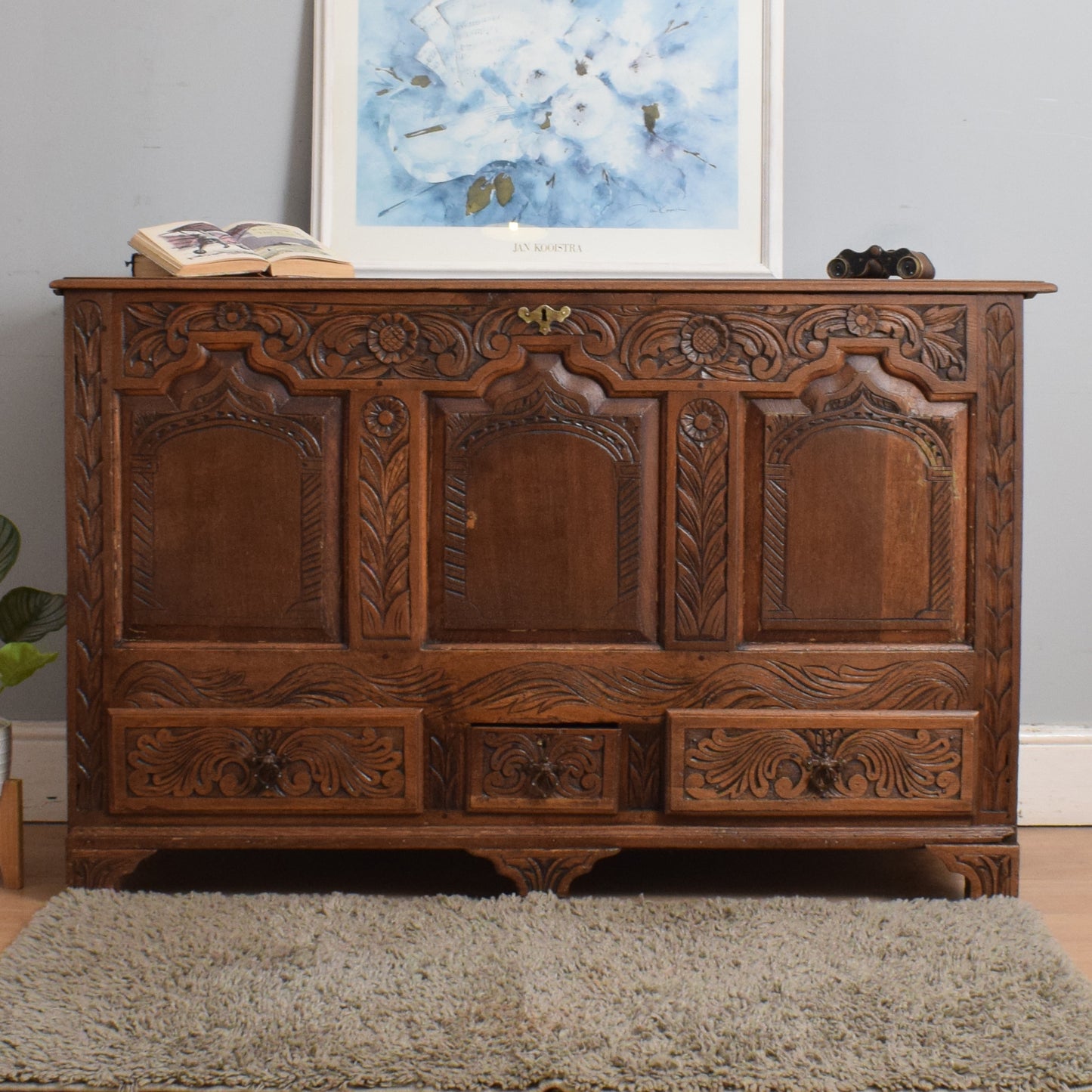 Carved Oak Zinc-Lined Mule Chest