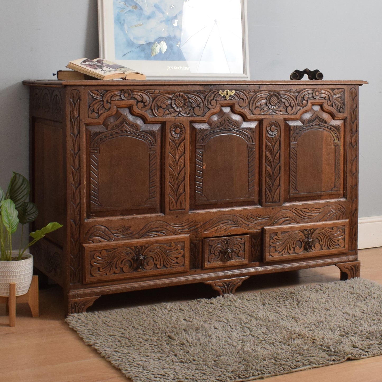 Carved Oak Zinc-Lined Mule Chest