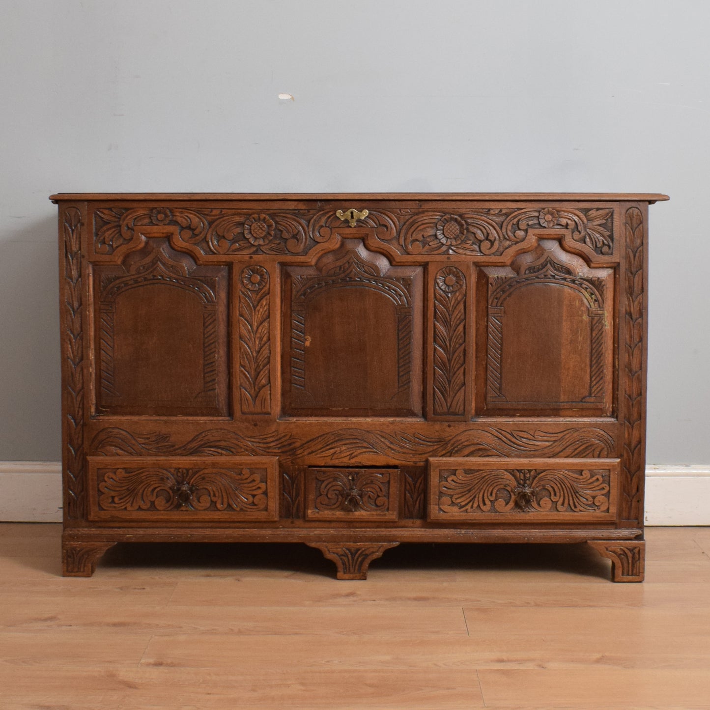 Carved Oak Zinc-Lined Mule Chest