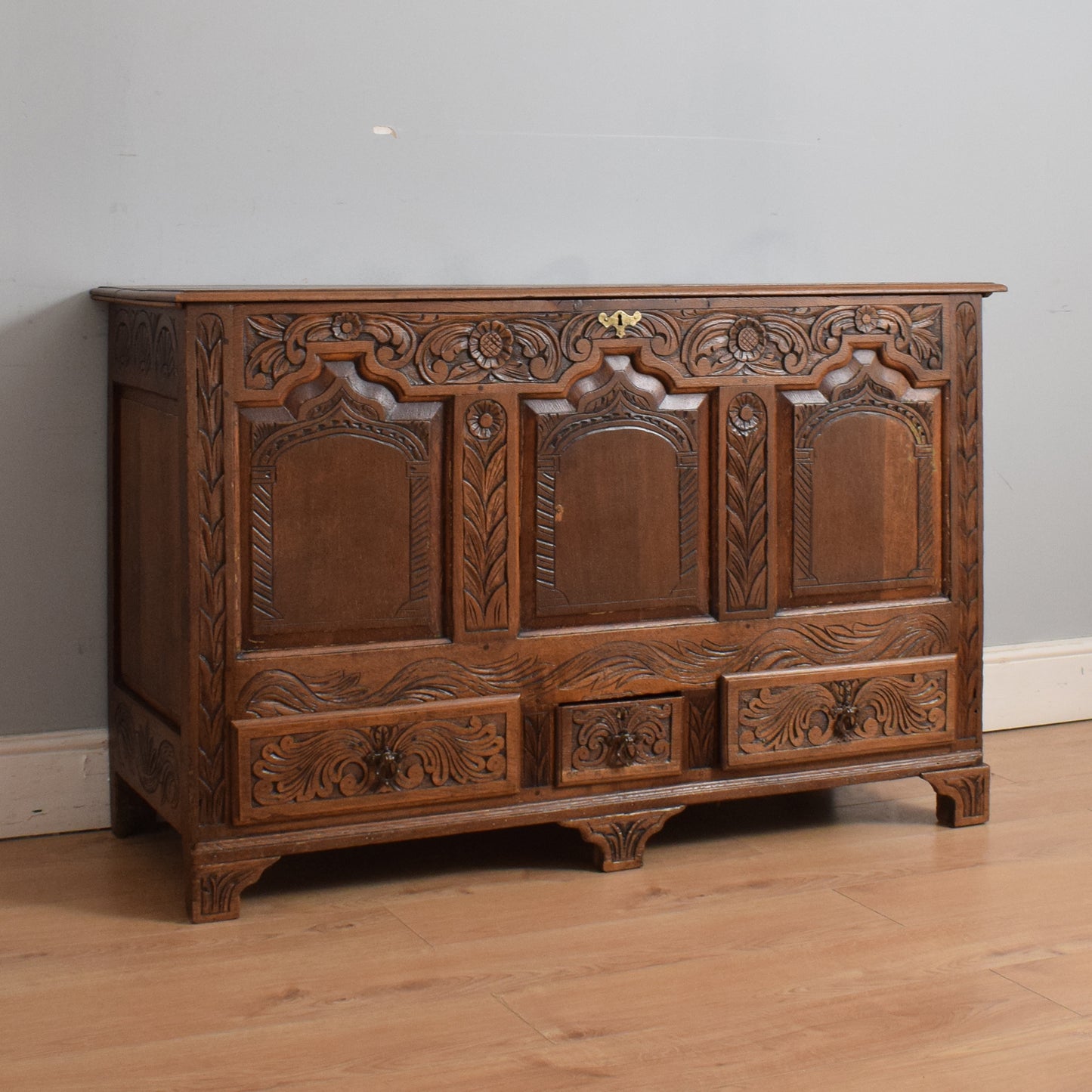 Carved Oak Zinc-Lined Mule Chest