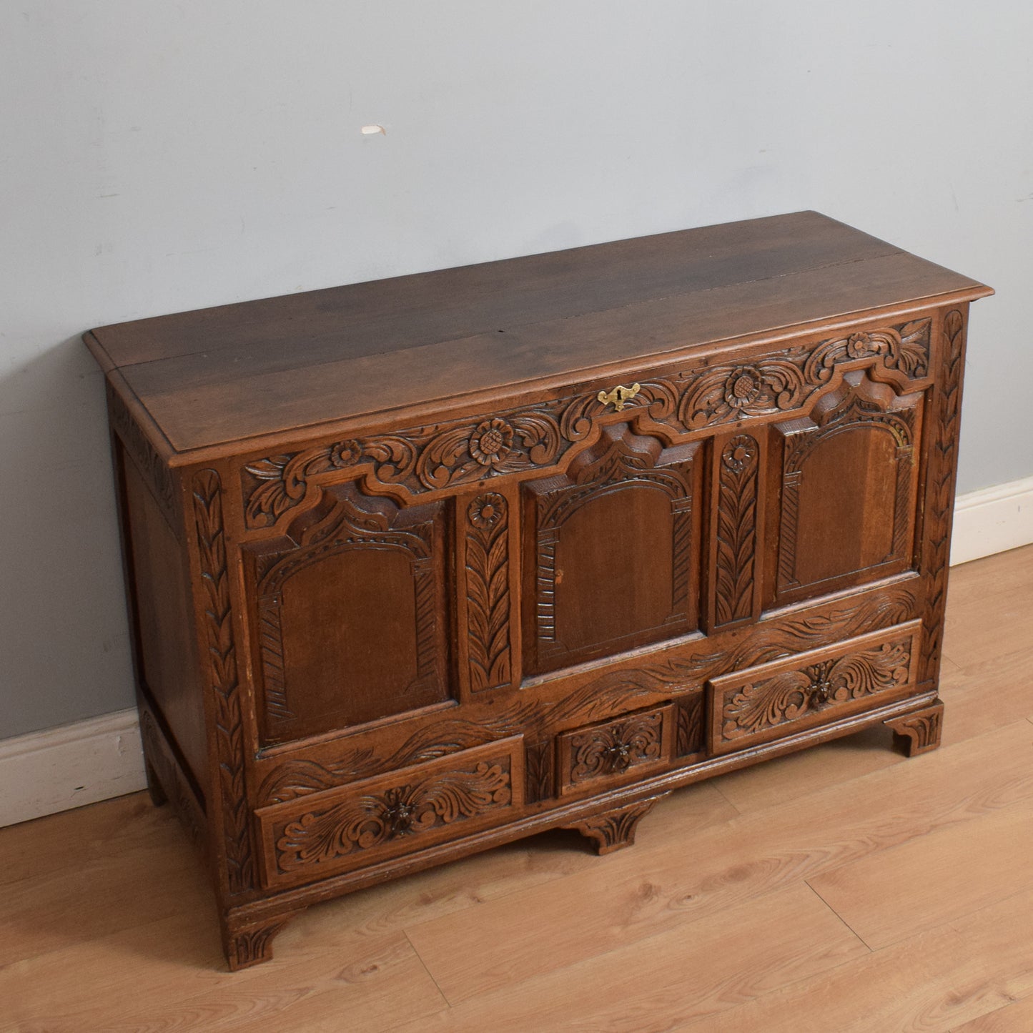 Carved Oak Zinc-Lined Mule Chest