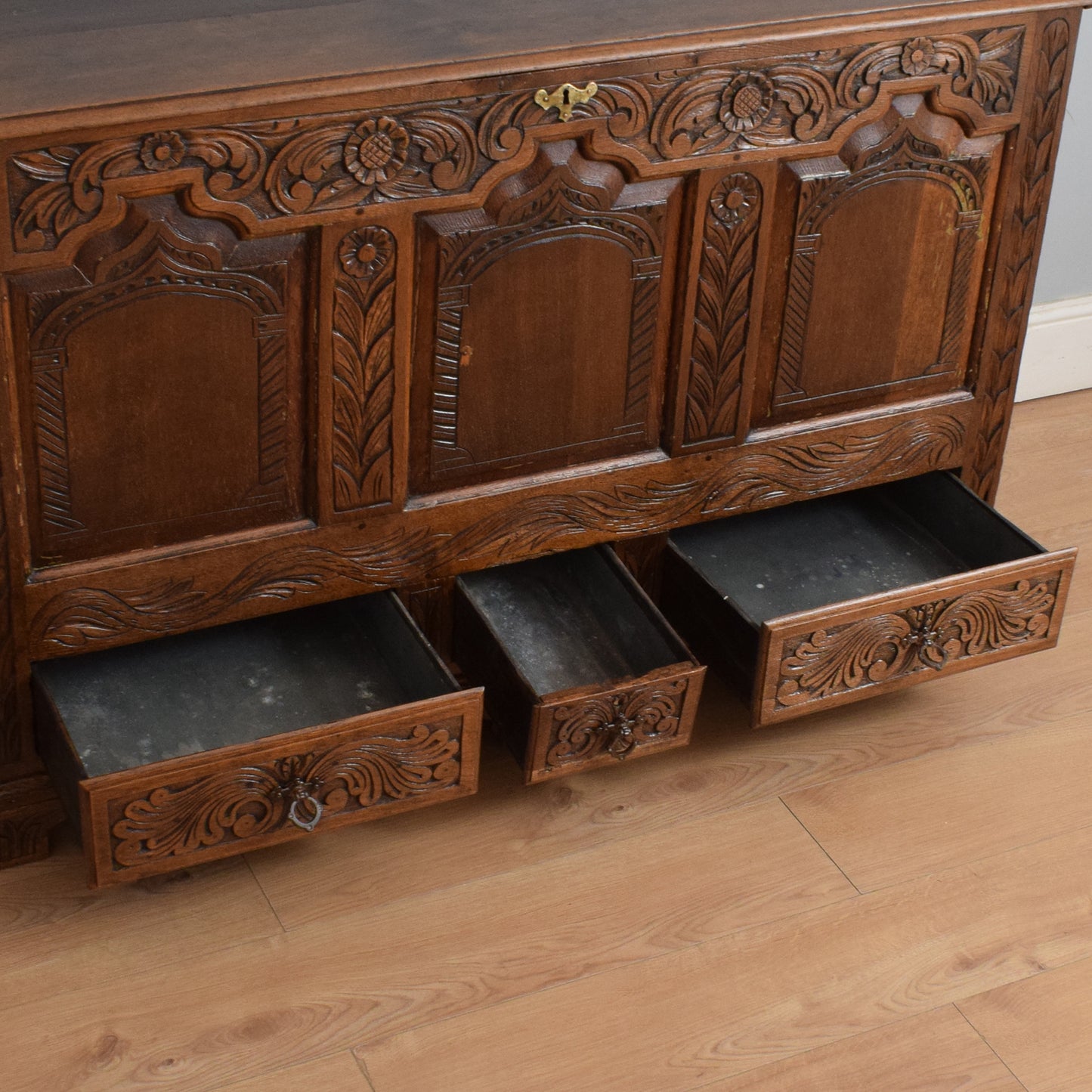 Carved Oak Zinc-Lined Mule Chest