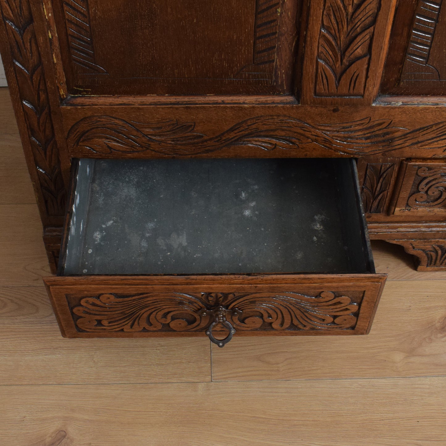 Carved Oak Zinc-Lined Mule Chest