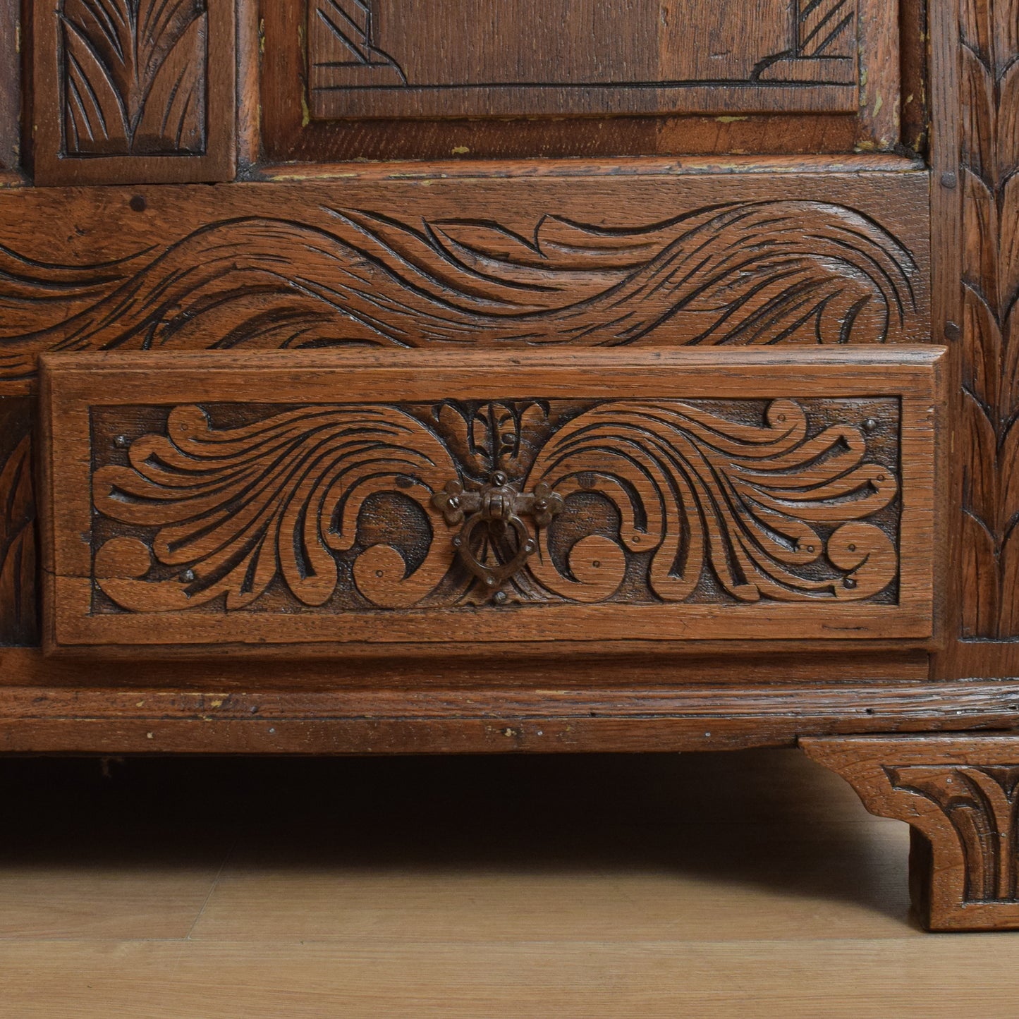 Carved Oak Zinc-Lined Mule Chest