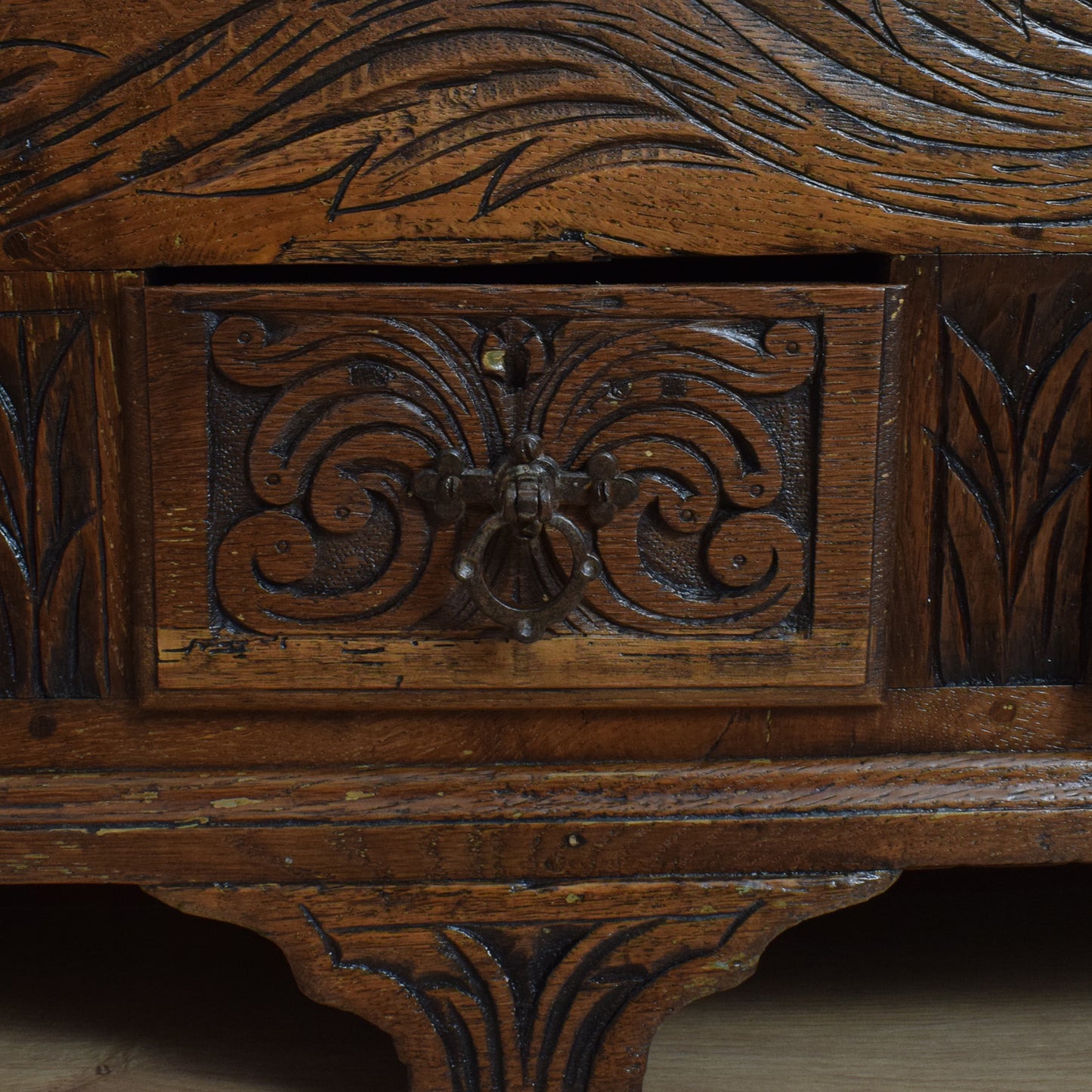 Carved Oak Zinc-Lined Mule Chest