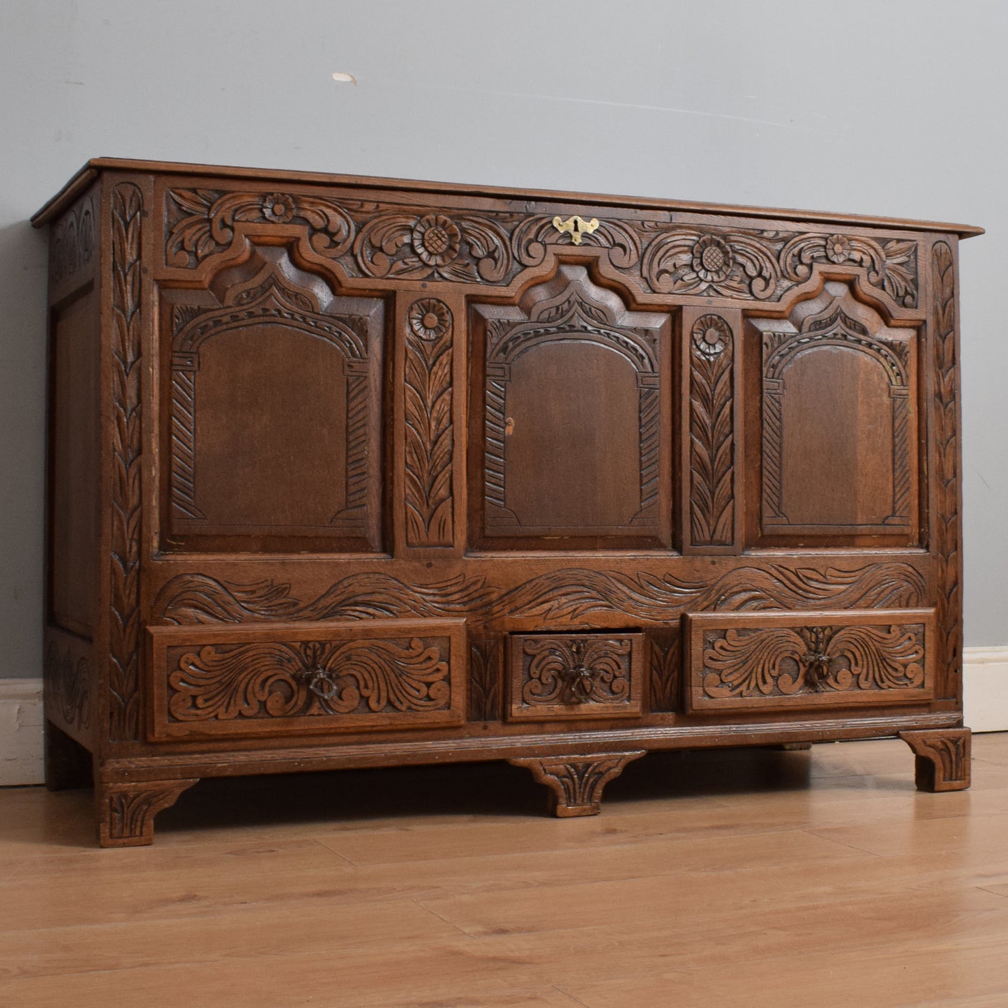 Carved Oak Zinc-Lined Mule Chest