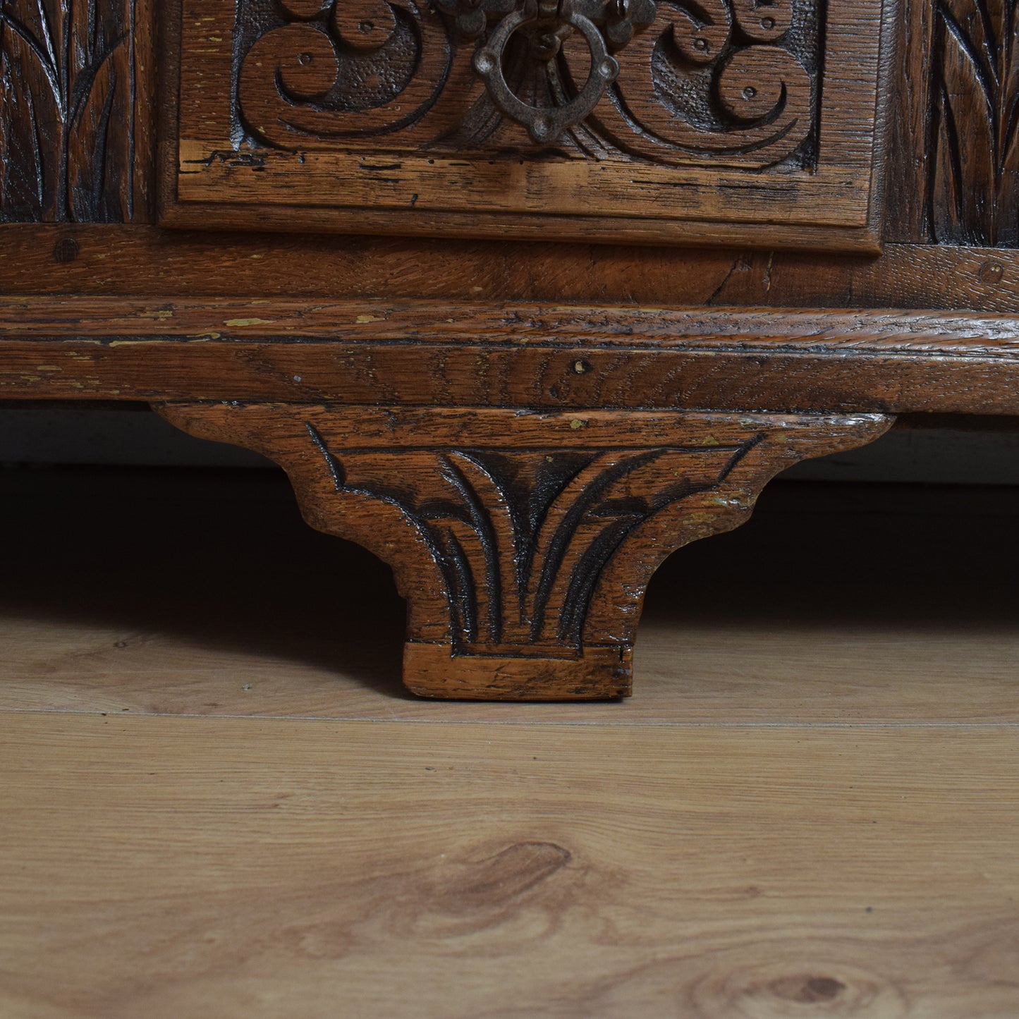 Carved Oak Zinc-Lined Mule Chest