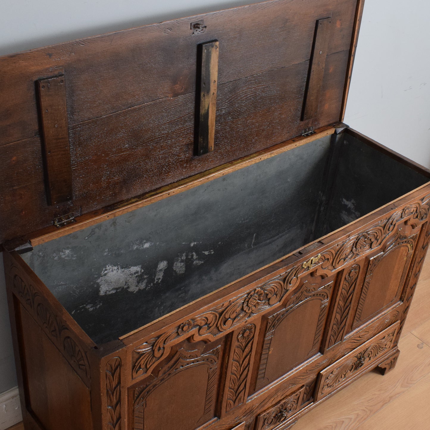Carved Oak Zinc-Lined Mule Chest