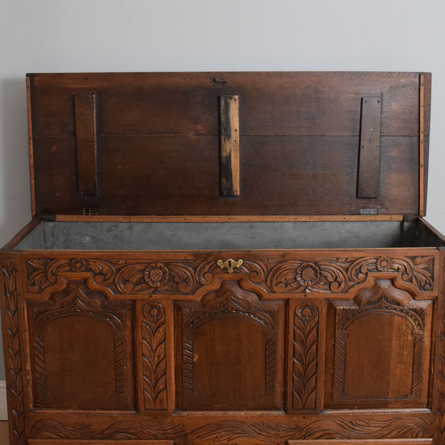 Carved Oak Zinc-Lined Mule Chest