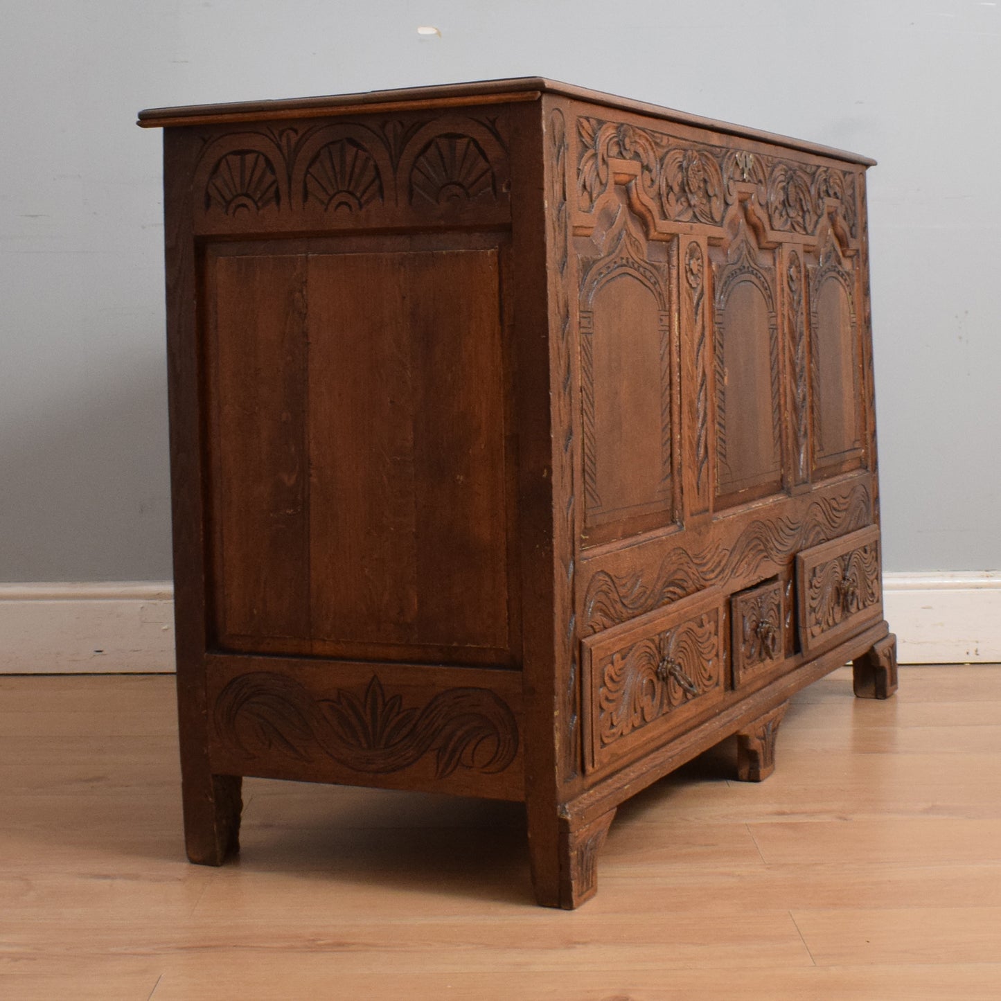 Carved Oak Zinc-Lined Mule Chest
