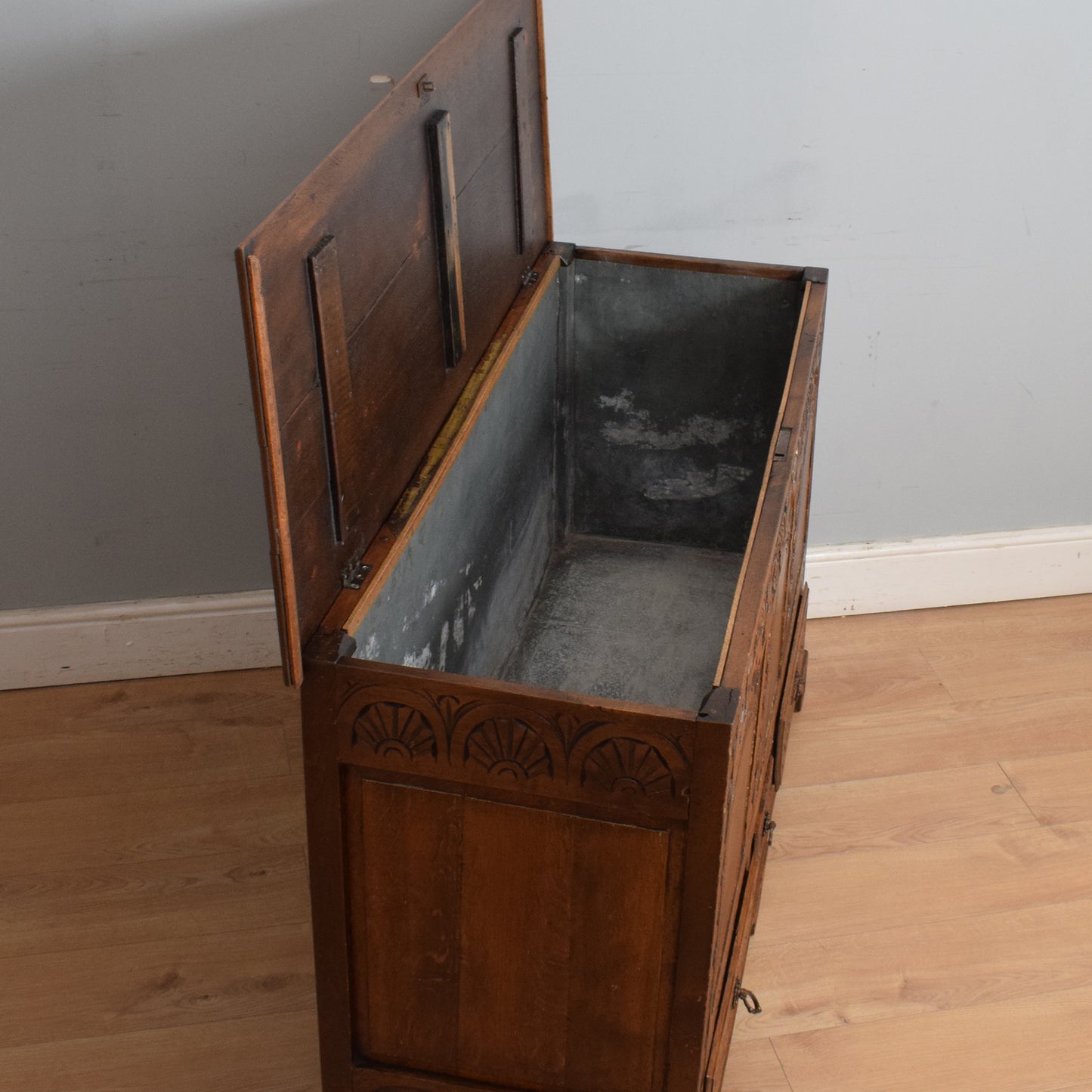 Carved Oak Zinc-Lined Mule Chest