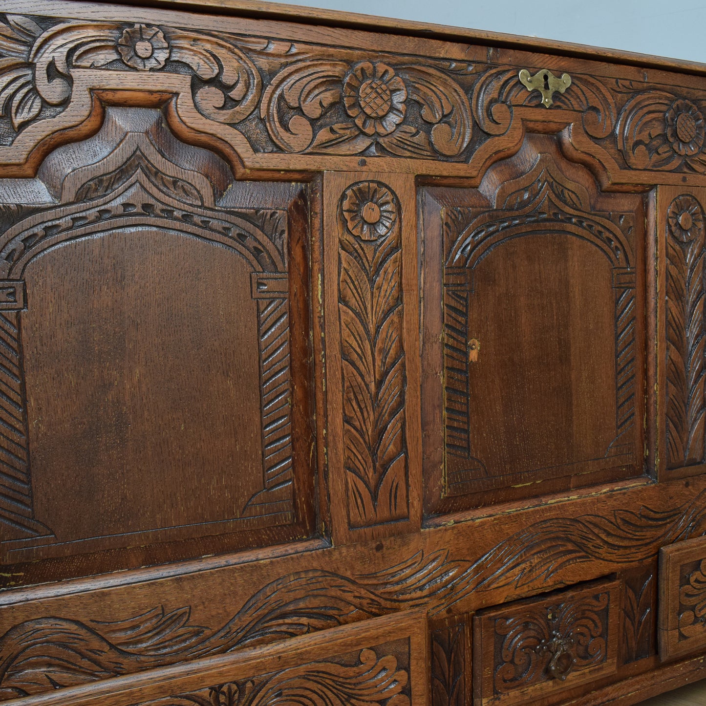 Carved Oak Zinc-Lined Mule Chest