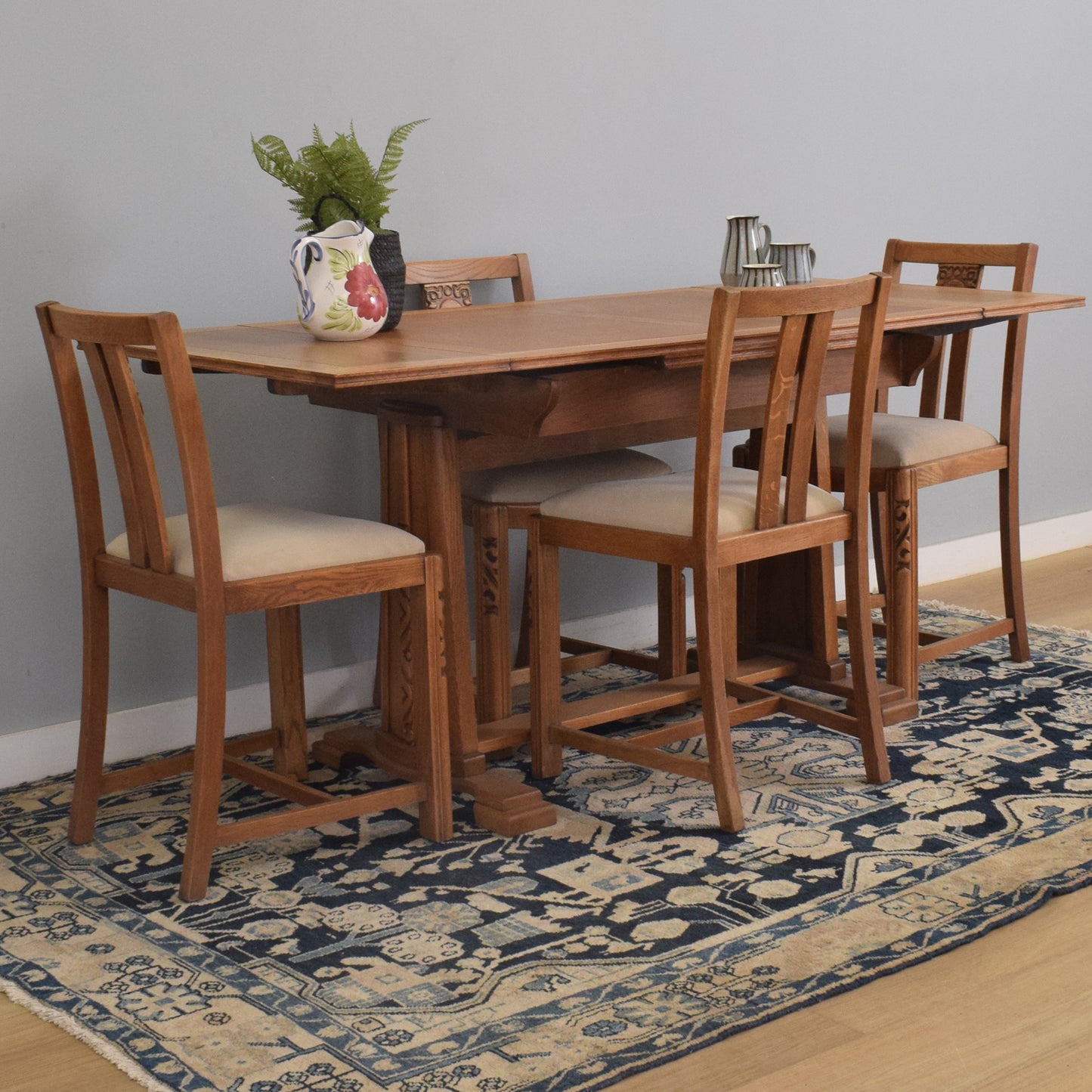 Restored Oak Draw-Leaf Dining Table and Four Chairs