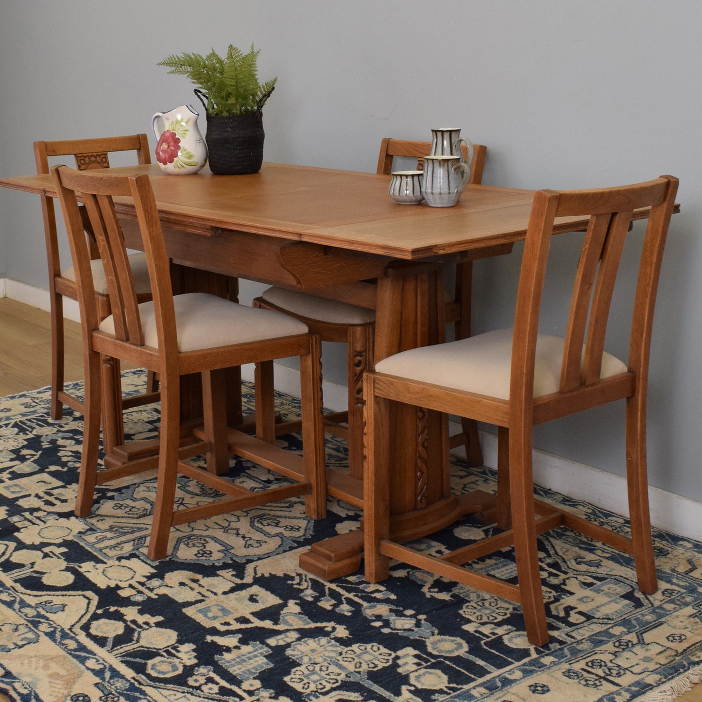 Restored Oak Draw-Leaf Dining Table and Four Chairs