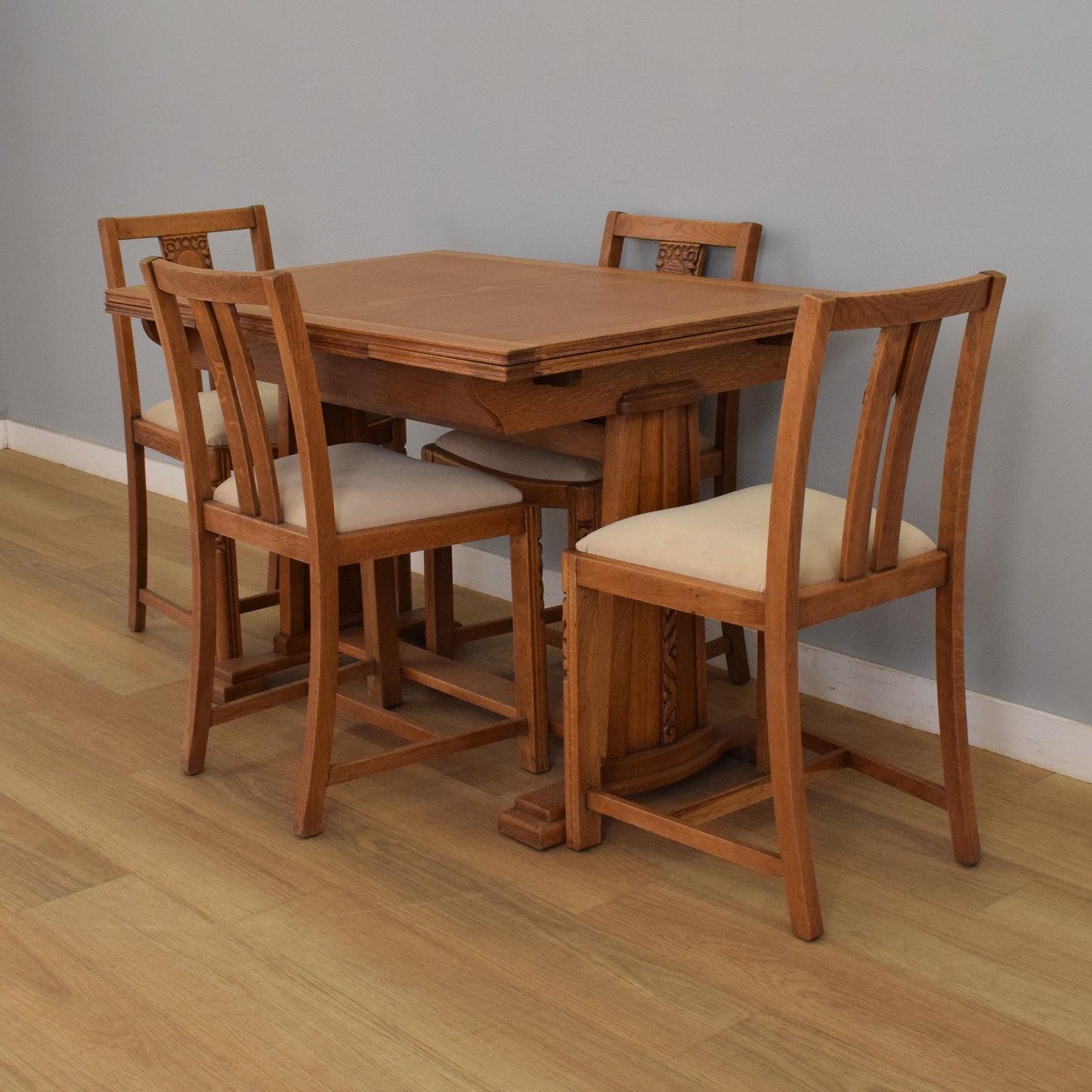 Restored Oak Draw-Leaf Dining Table and Four Chairs