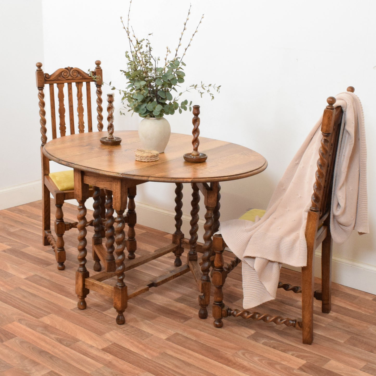 Barley Twist Drop Leaf Table and Two Chairs