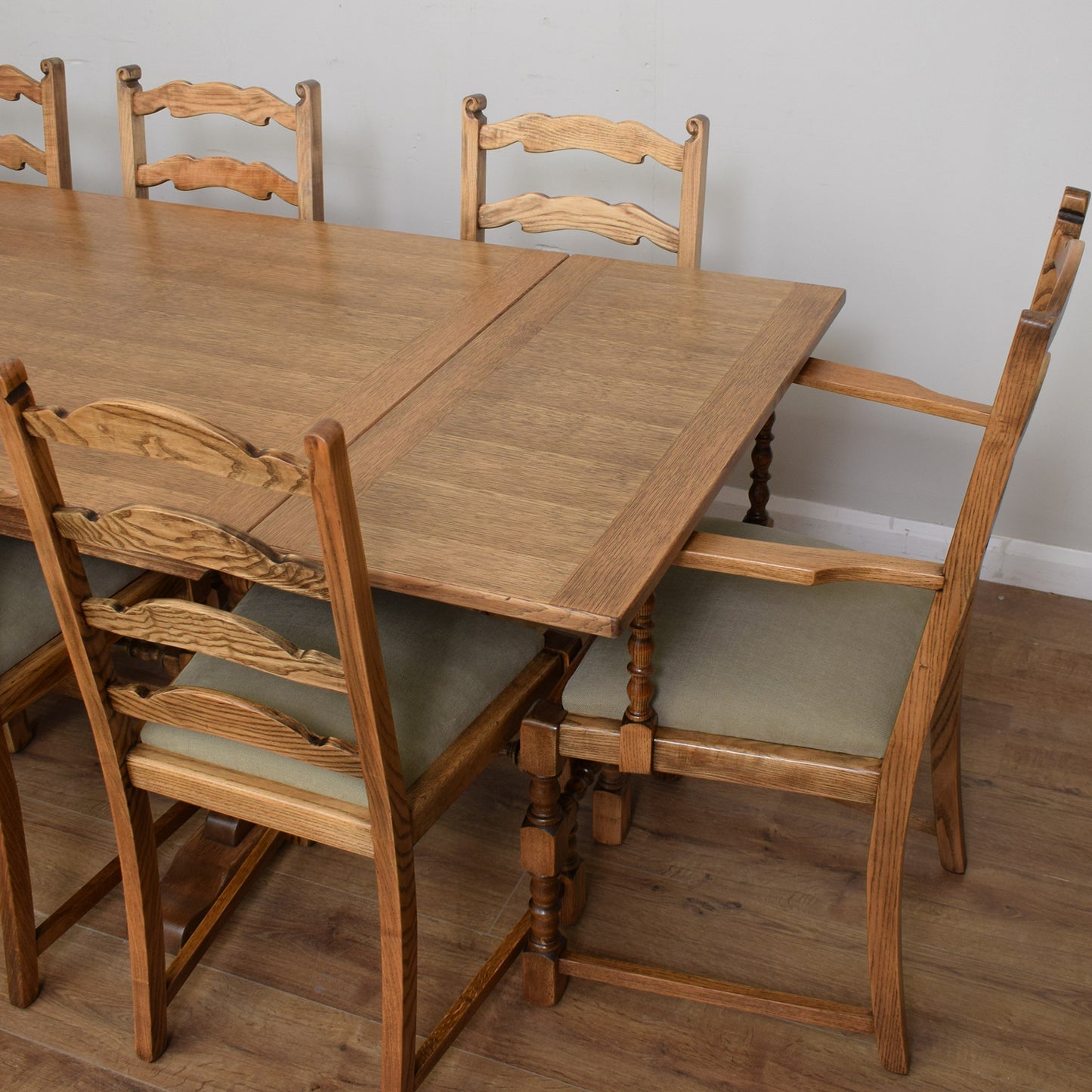 Restored Oak Draw Leaf Table And Ten Chairs