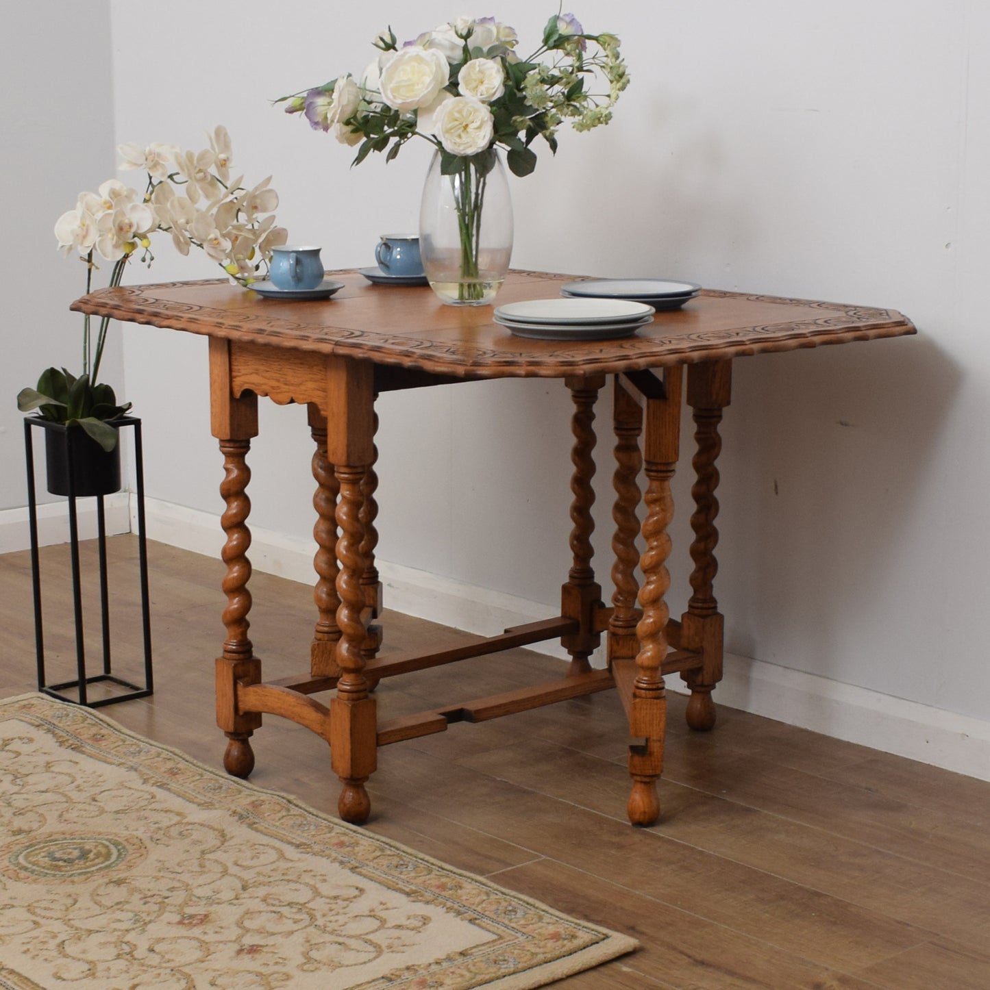 Carved Oak Drop Leaf Table