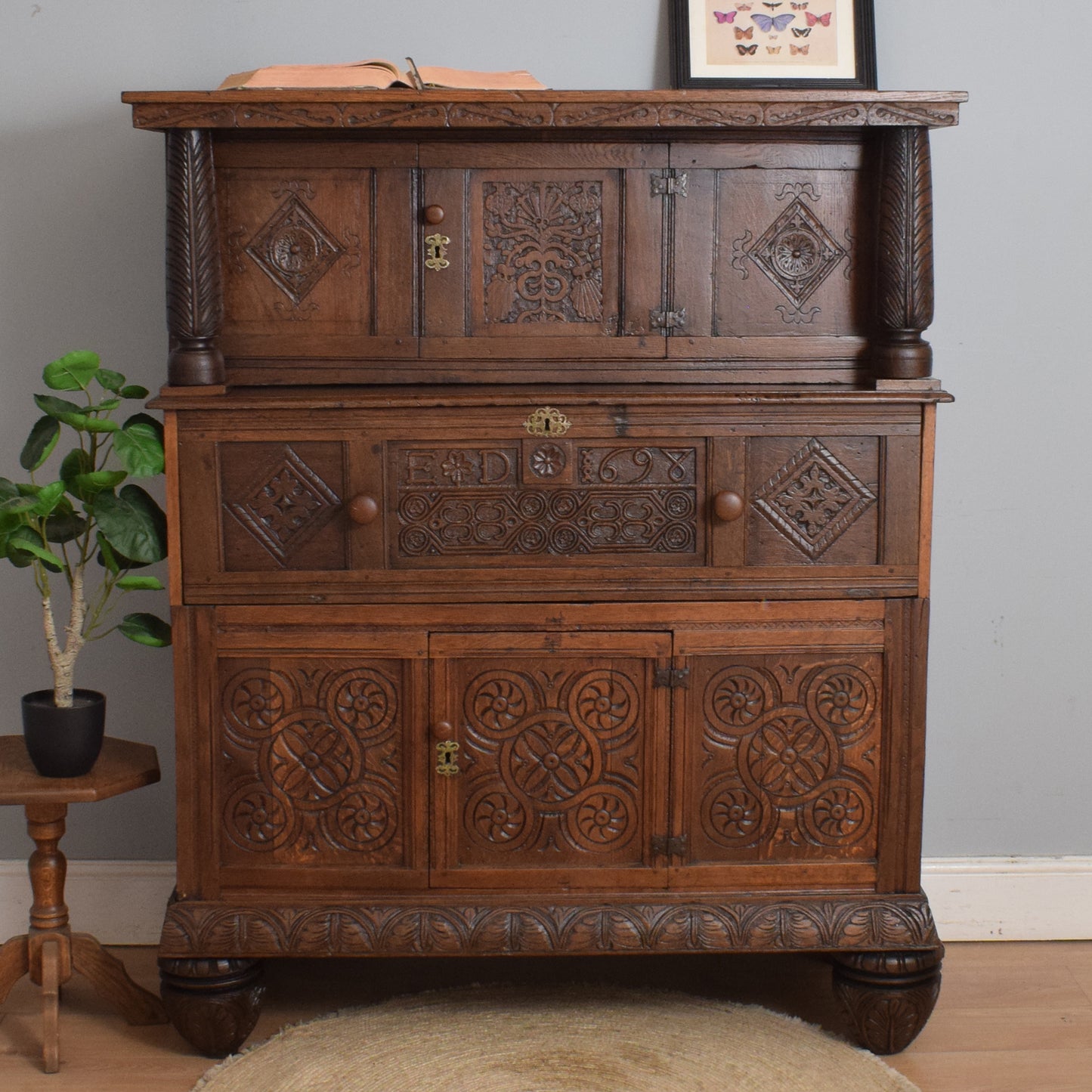 Antique Solid Carved Oak Secretaire