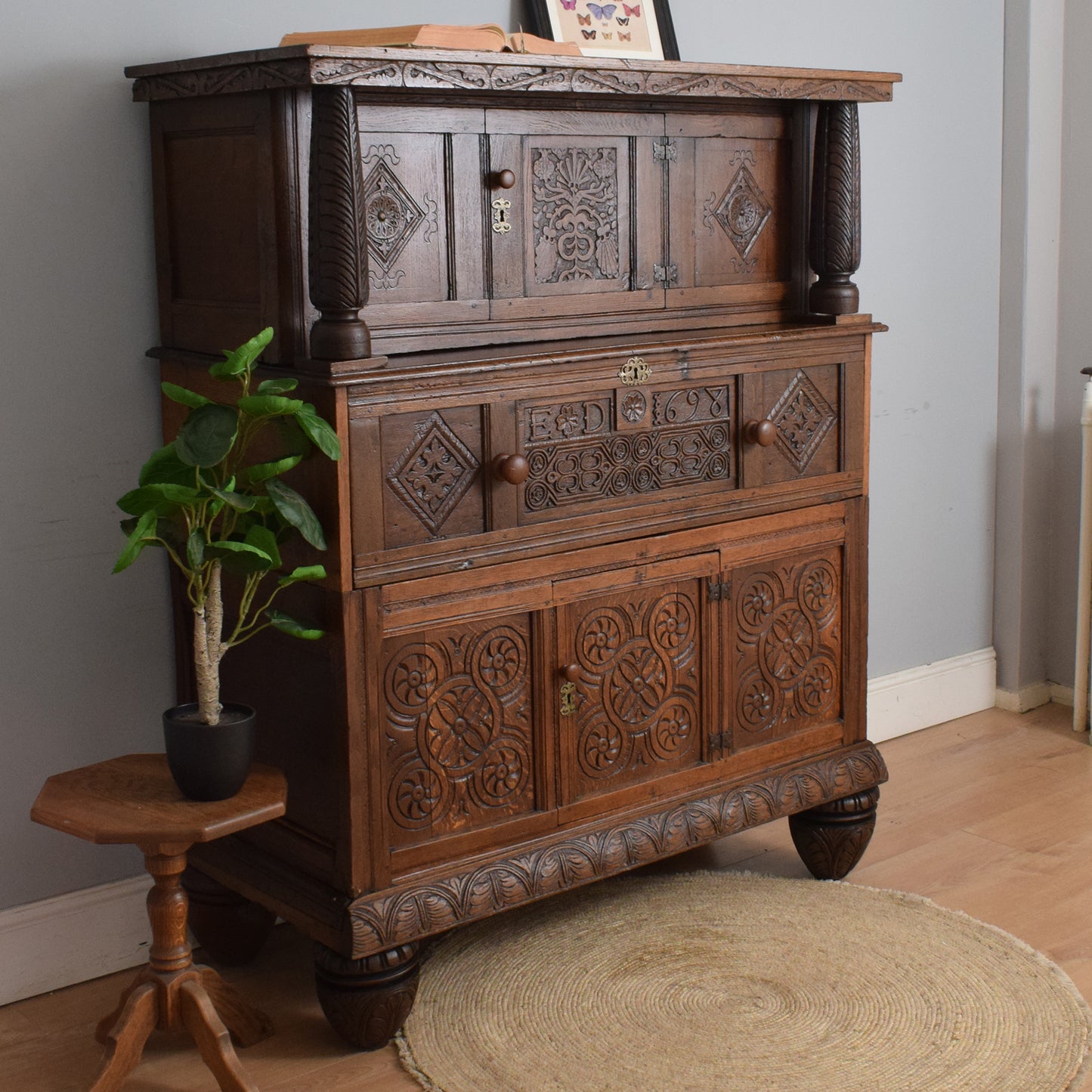 Antique Solid Carved Oak Secretaire