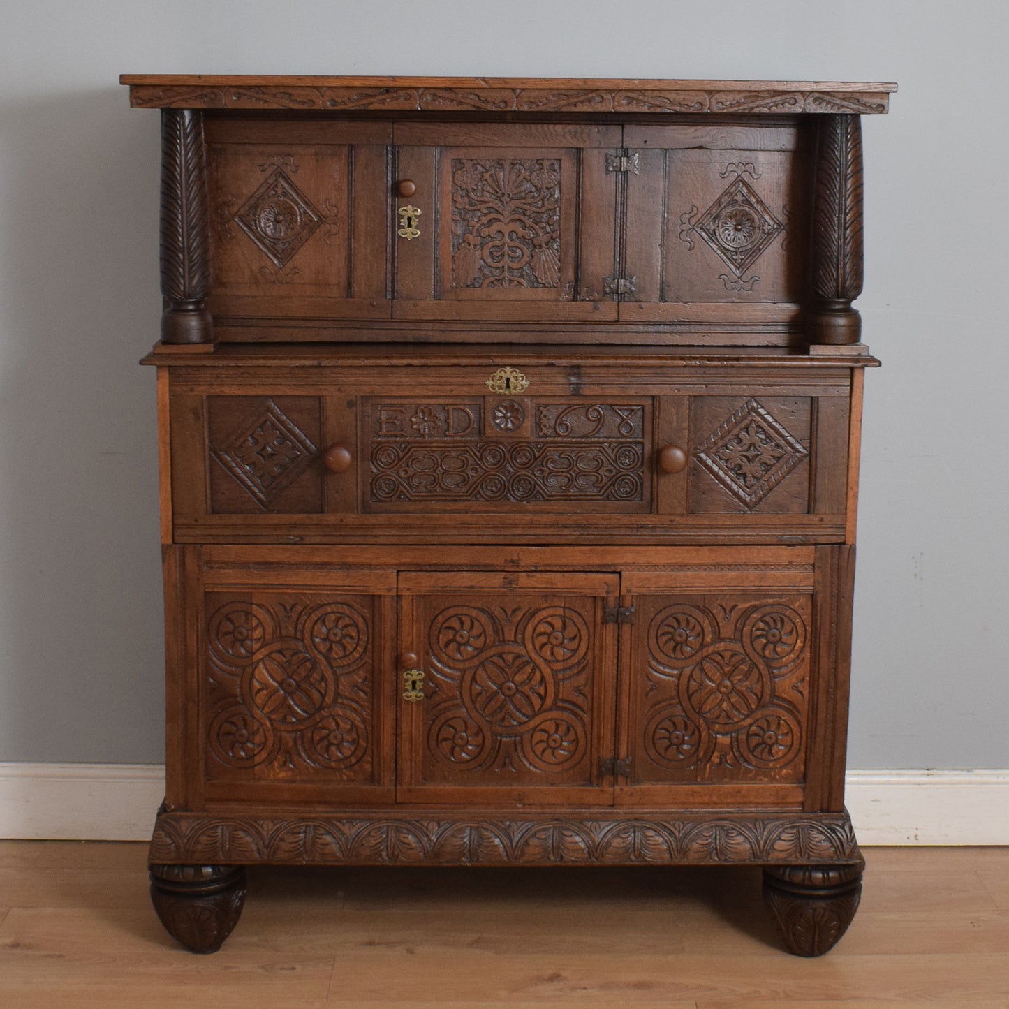 Antique Solid Carved Oak Secretaire