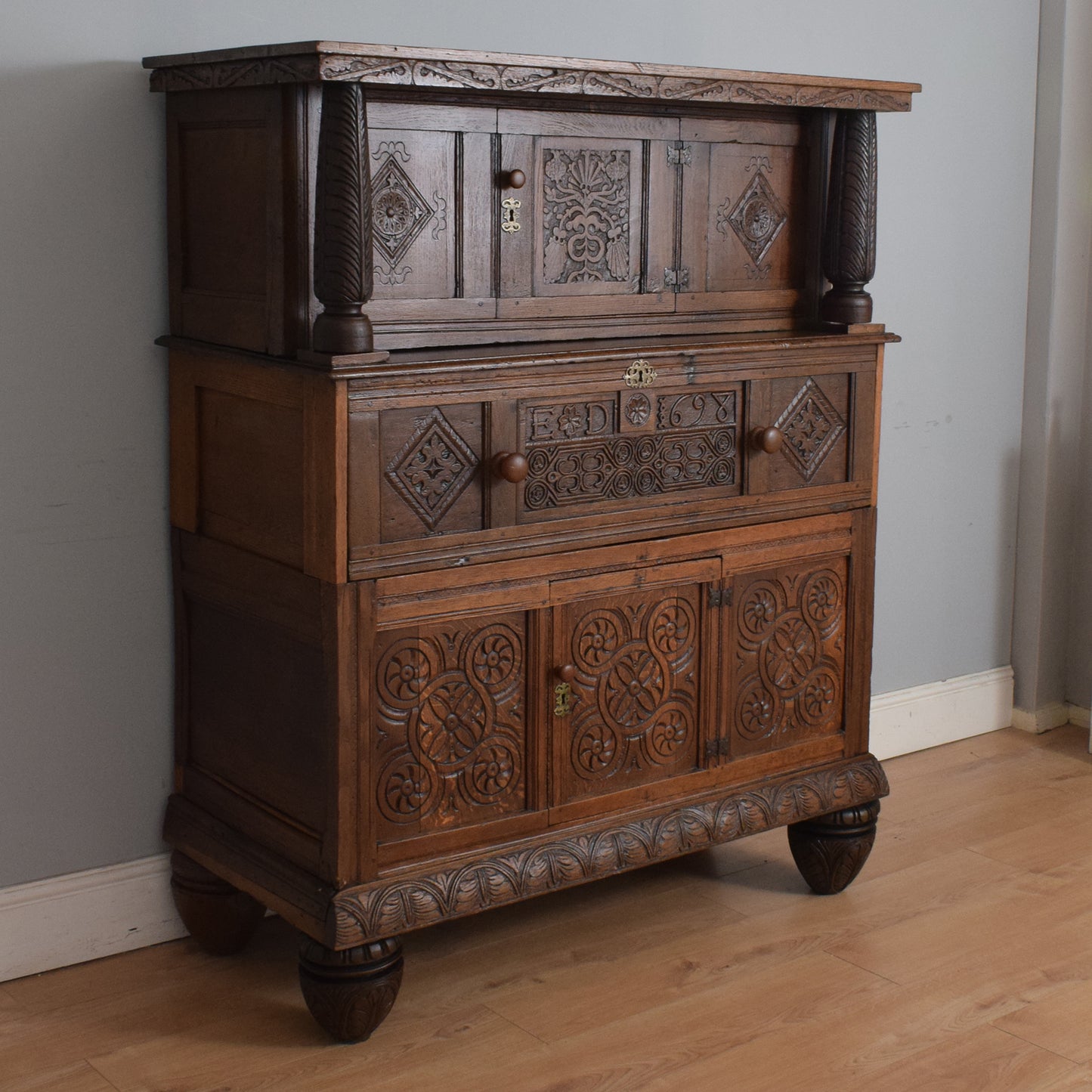Antique Solid Carved Oak Secretaire