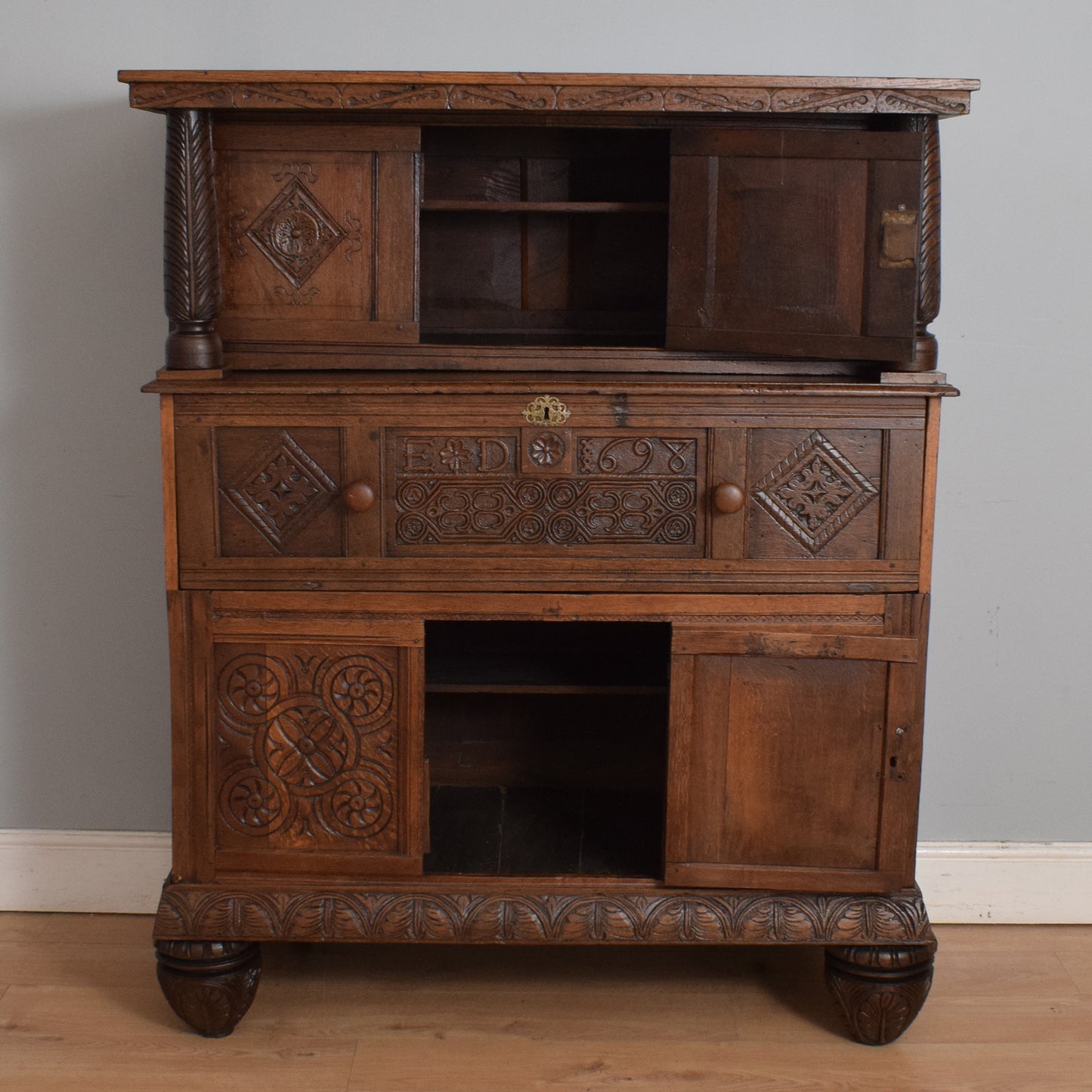 Antique Solid Carved Oak Secretaire