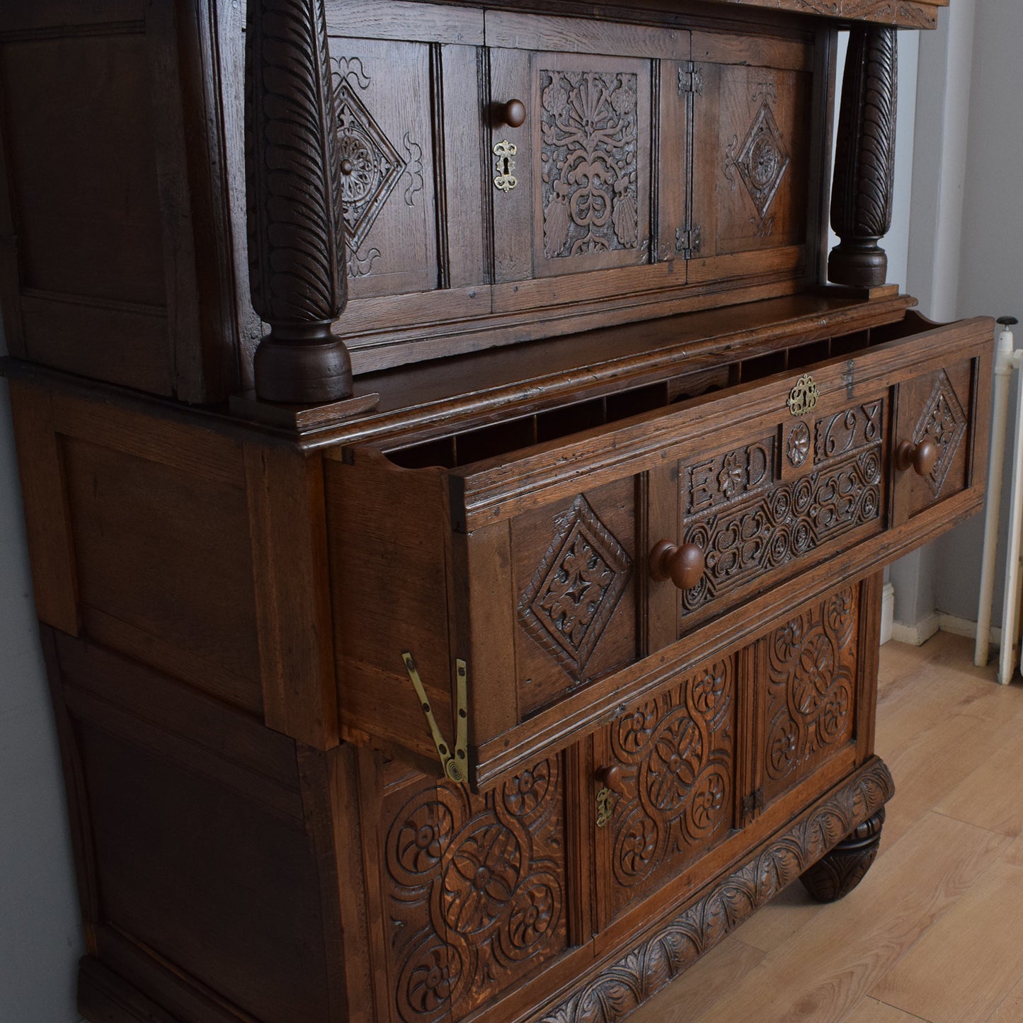 Antique Solid Carved Oak Secretaire