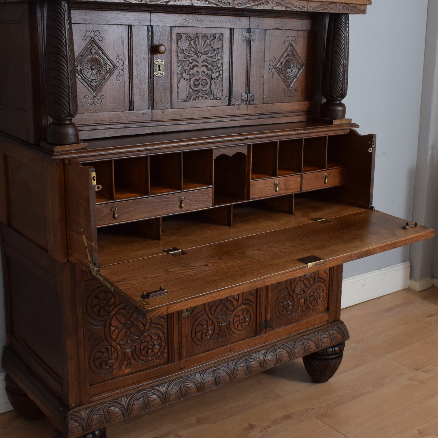 Antique Solid Carved Oak Secretaire