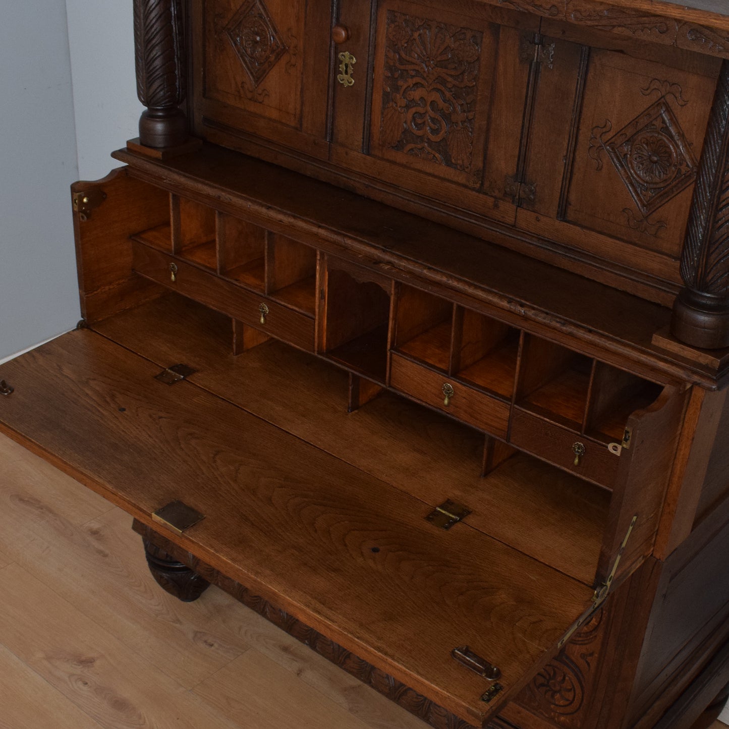Antique Solid Carved Oak Secretaire