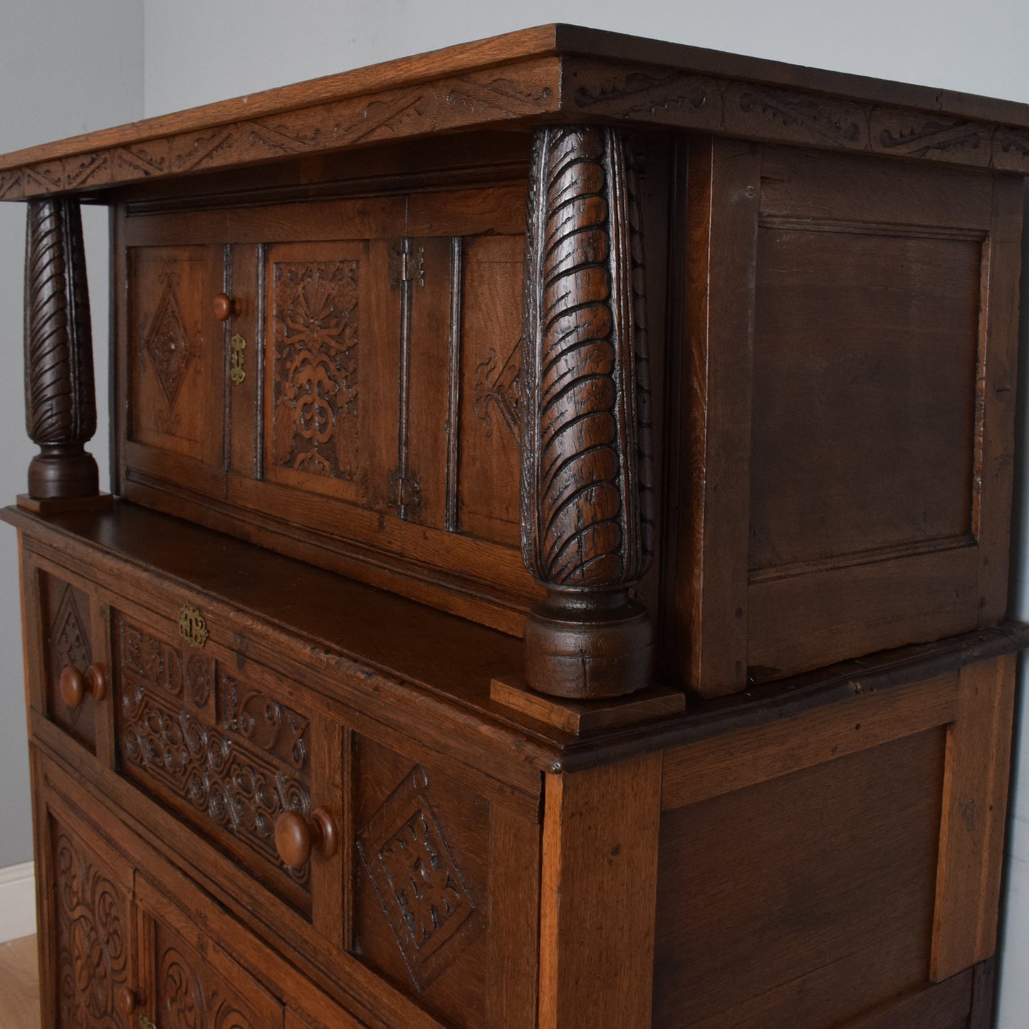 Antique Solid Carved Oak Secretaire
