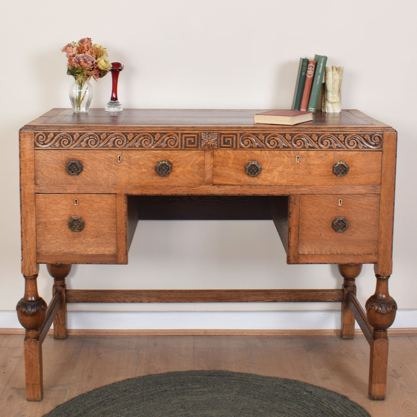Vintage Leather-Topped Oak Desk