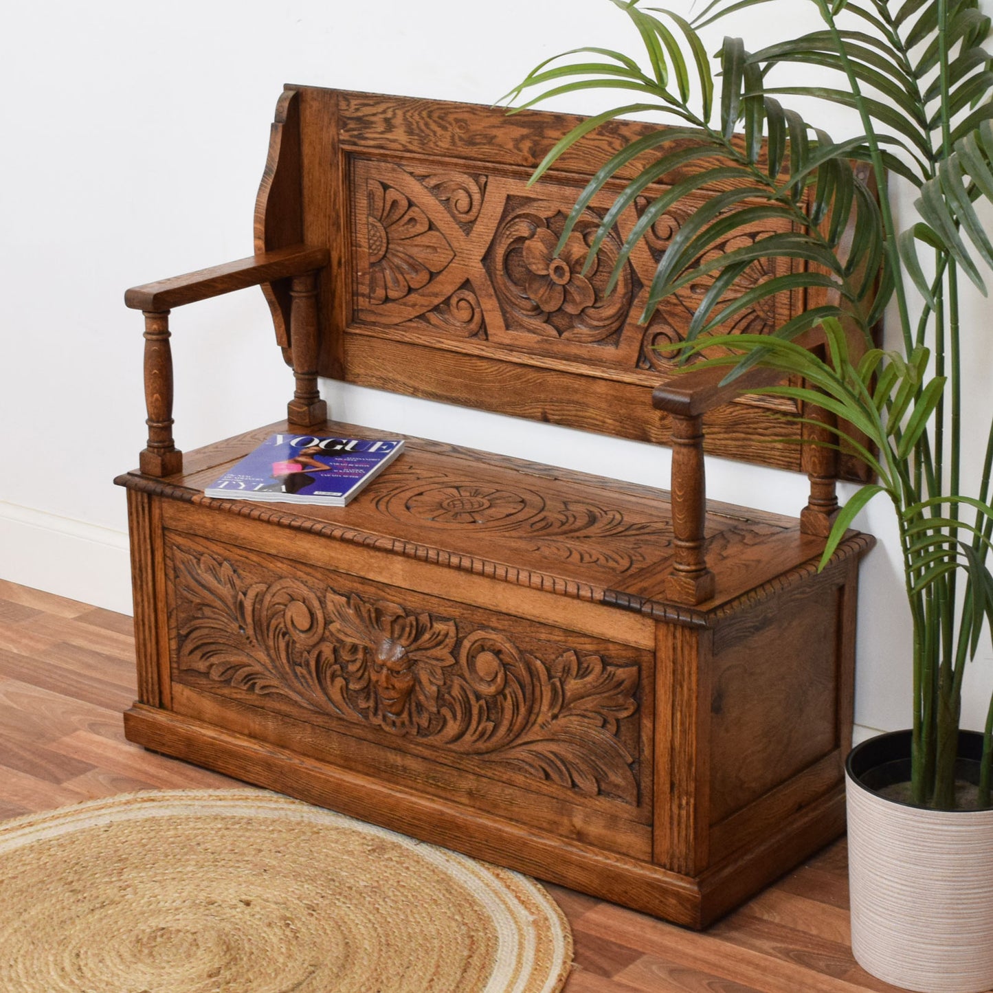 Carved Oak Monks Bench