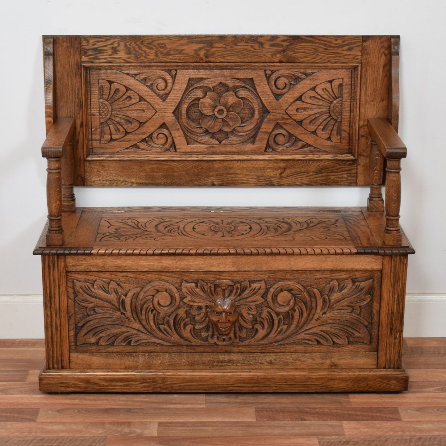 Carved Oak Monks Bench