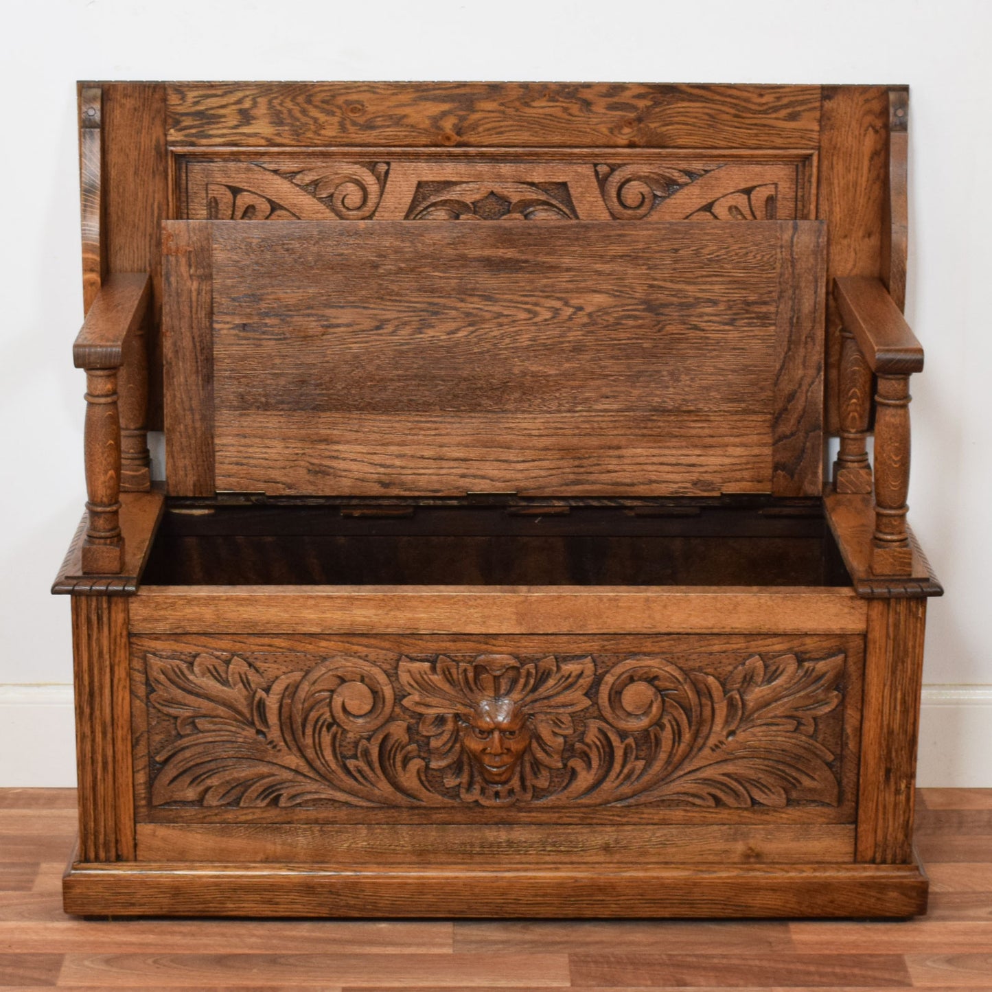 Carved Oak Monks Bench