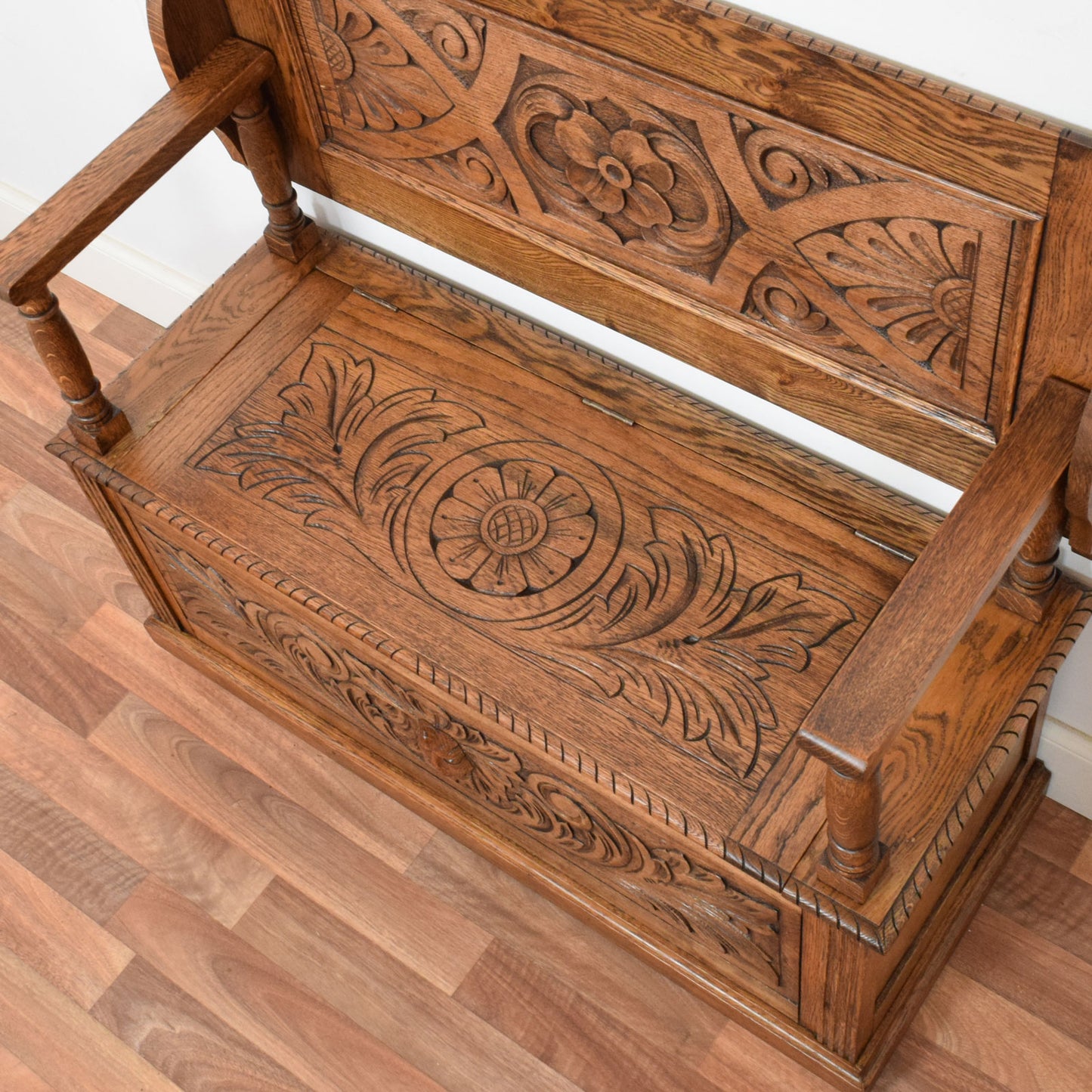 Carved Oak Monks Bench