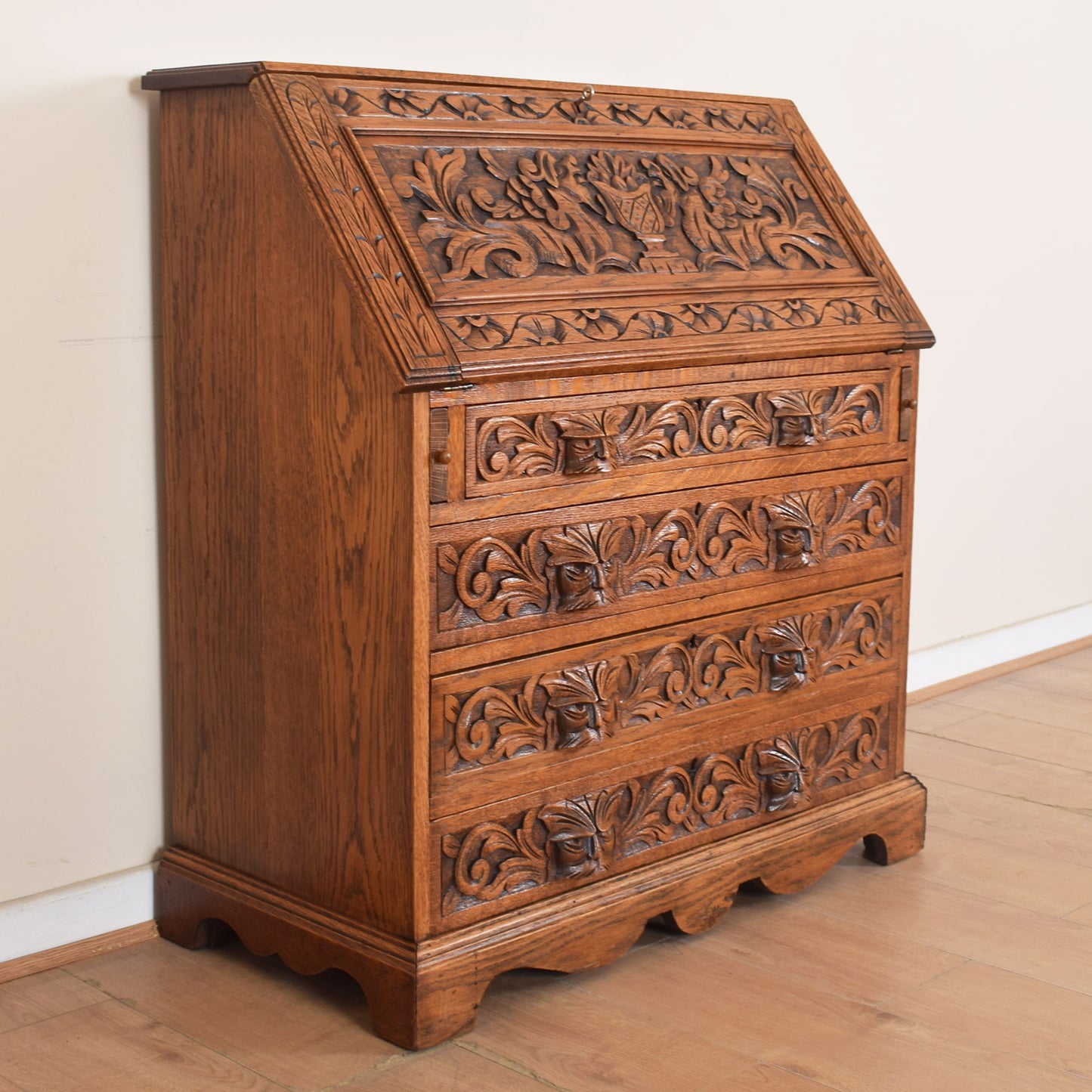 Ornately Carved Oak Greenman Bureau