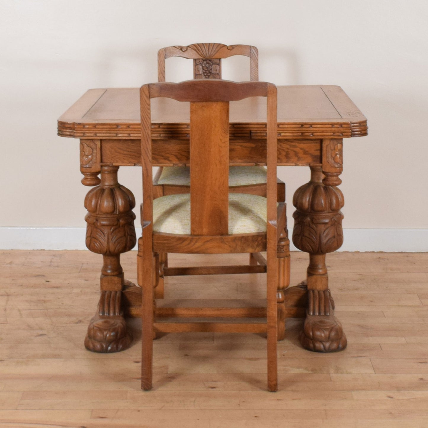 Carved Oak Draw Leaf Table and Four