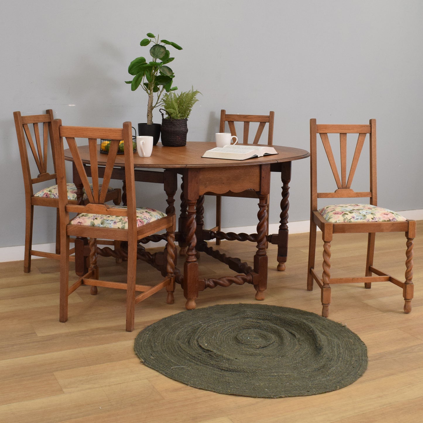 Oak Barley-Twist Drop Leaf Table and Four Chairs