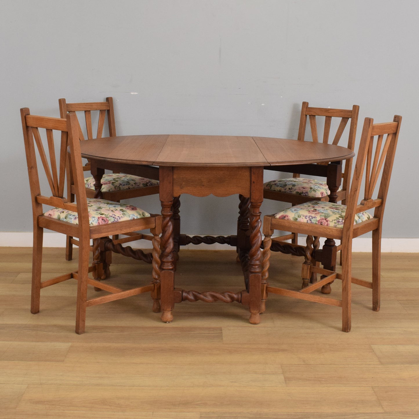 Oak Barley-Twist Drop Leaf Table and Four Chairs