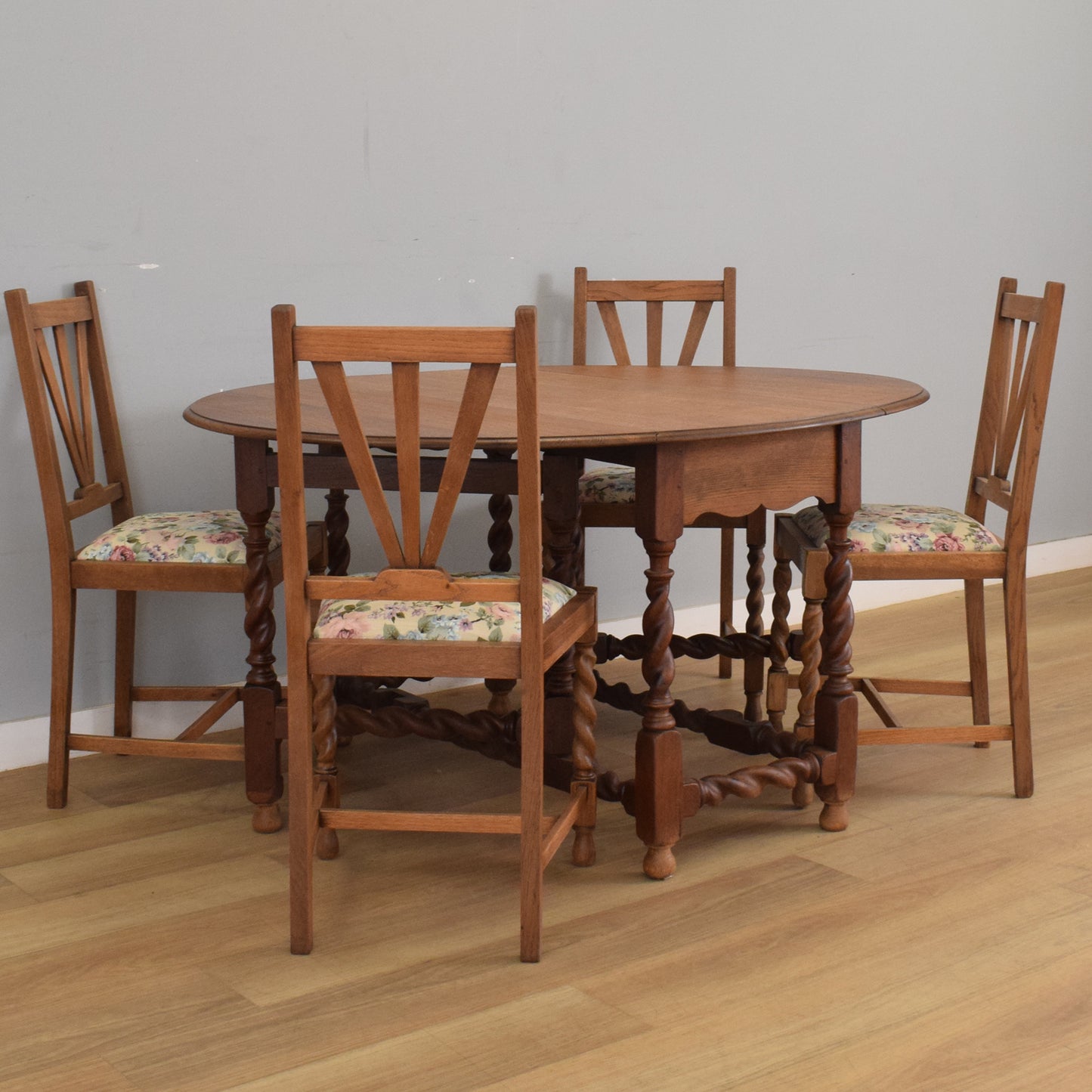 Oak Barley-Twist Drop Leaf Table and Four Chairs