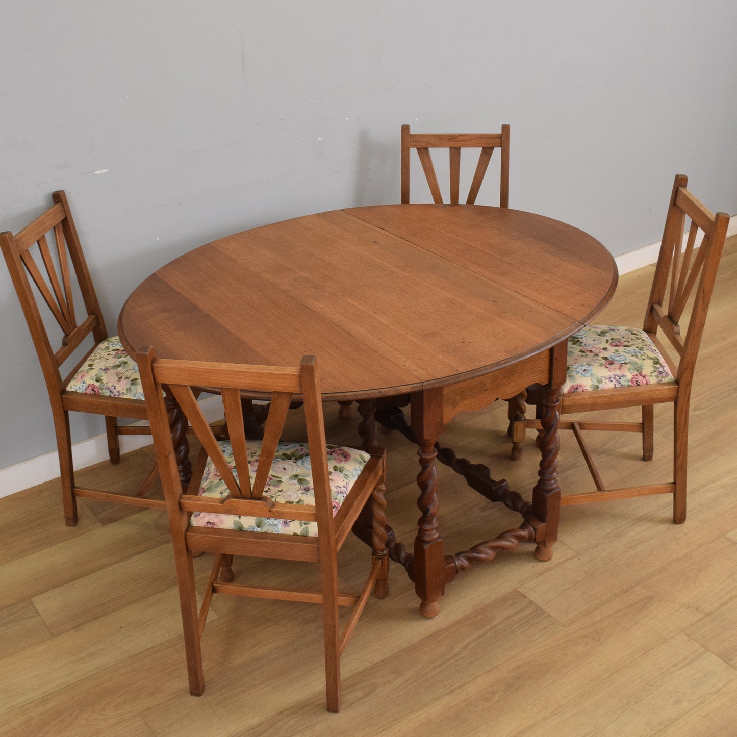 Oak Barley-Twist Drop Leaf Table and Four Chairs