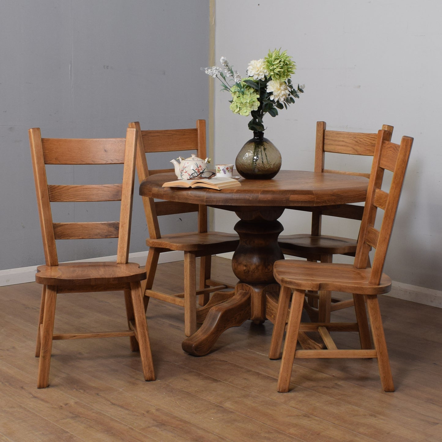Solid Oak Pedestal Table And Four Chairs