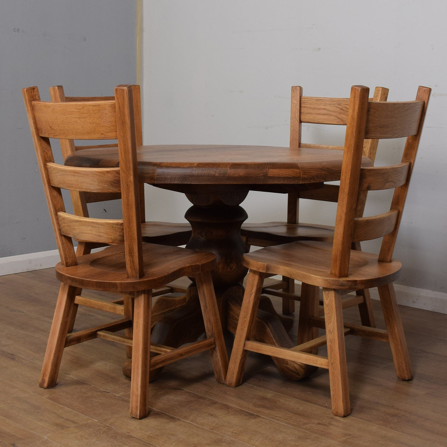 Solid Oak Pedestal Table And Four Chairs