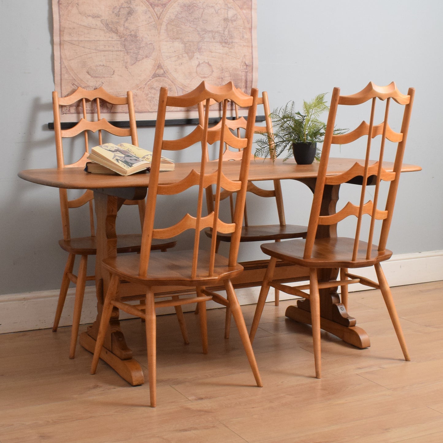 Ercol Trestle Table and Four 'Batwing' Chairs