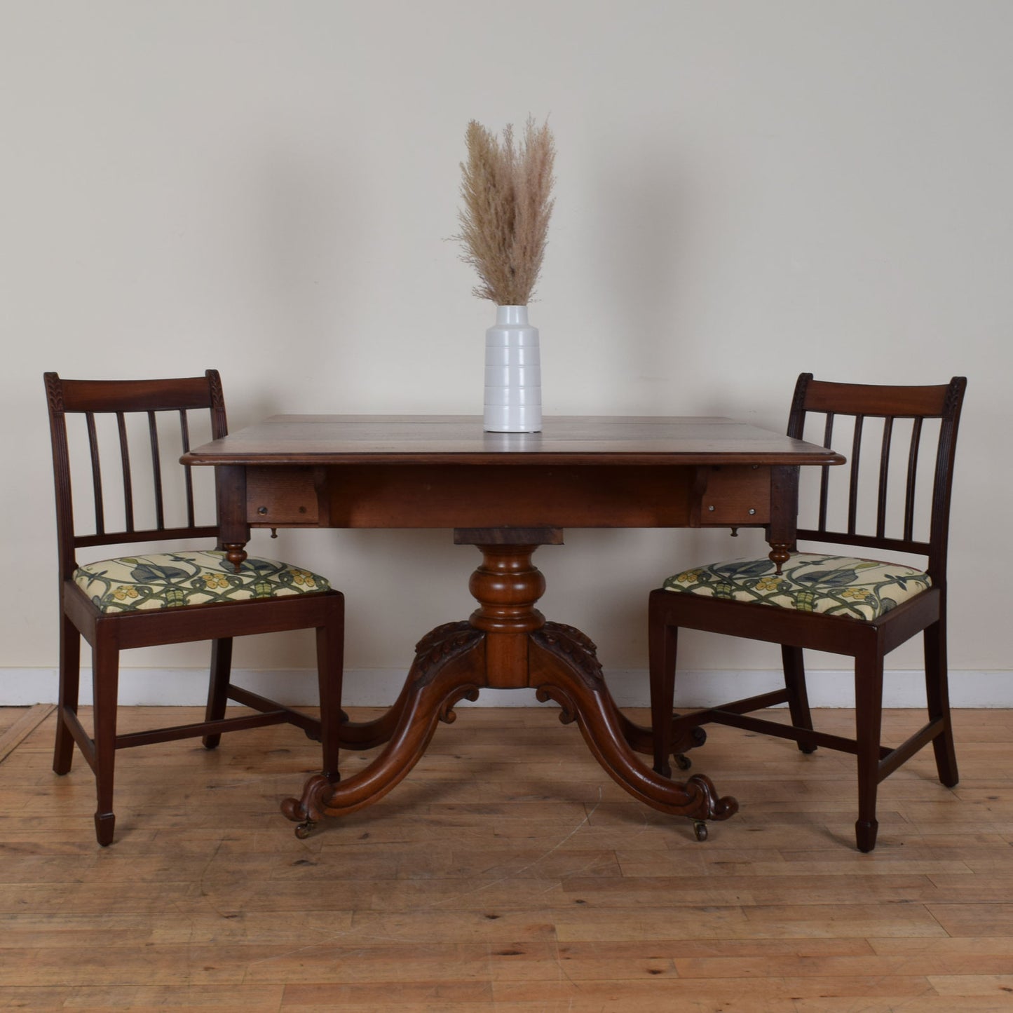 Carved Mahogany Regency Style Drop-Leaf Table and Two