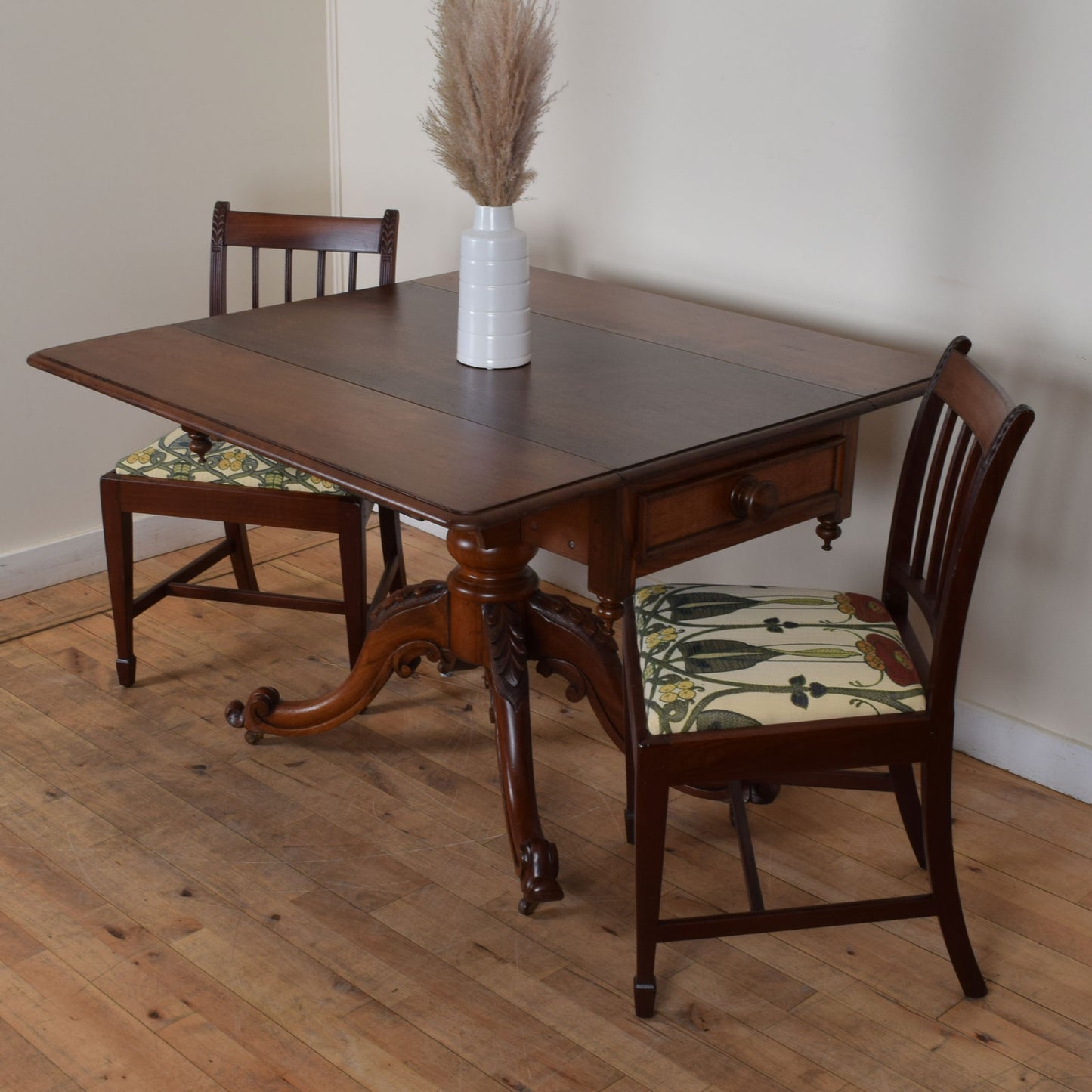 Carved Mahogany Regency Style Drop-Leaf Table and Two