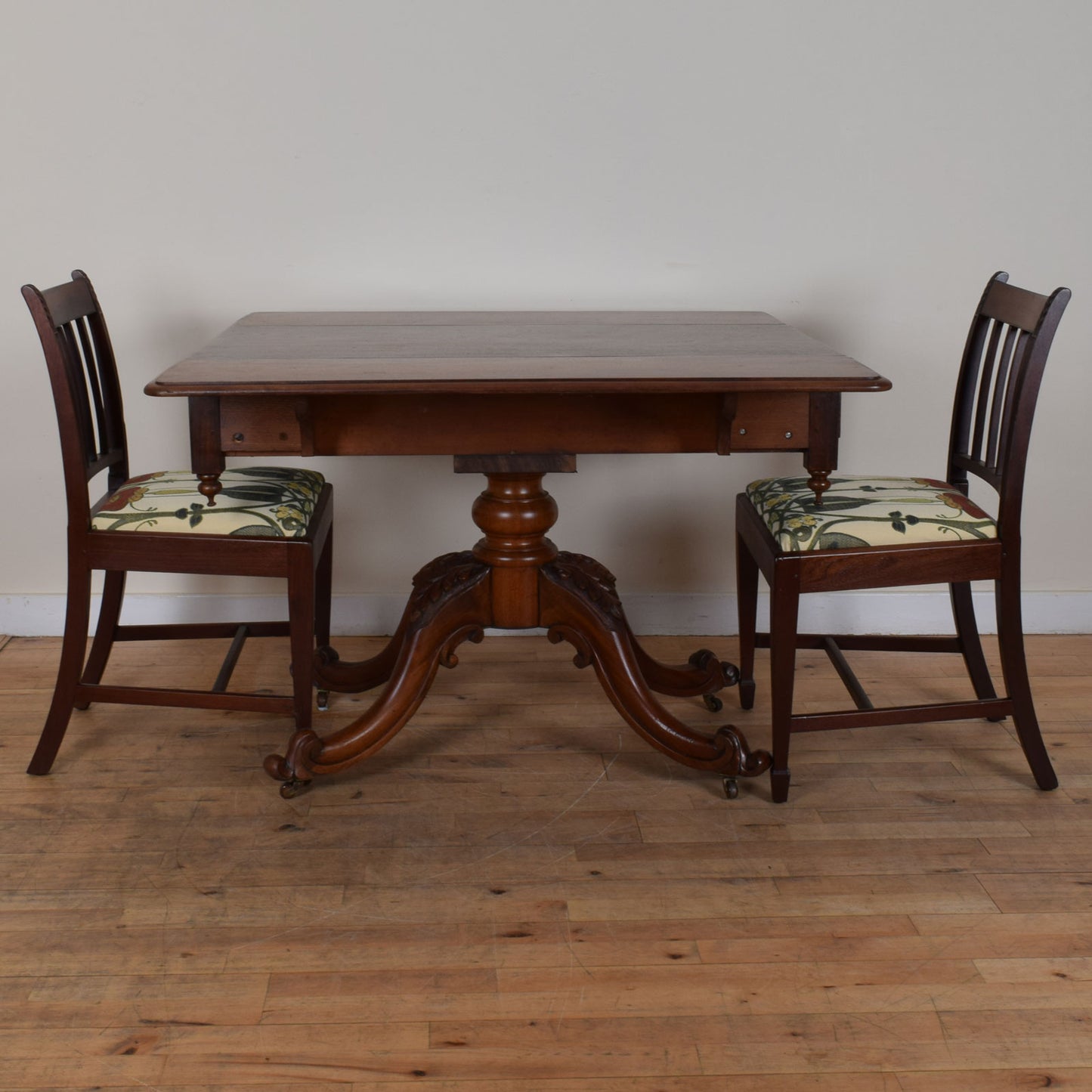 Carved Mahogany Regency Style Drop-Leaf Table and Two