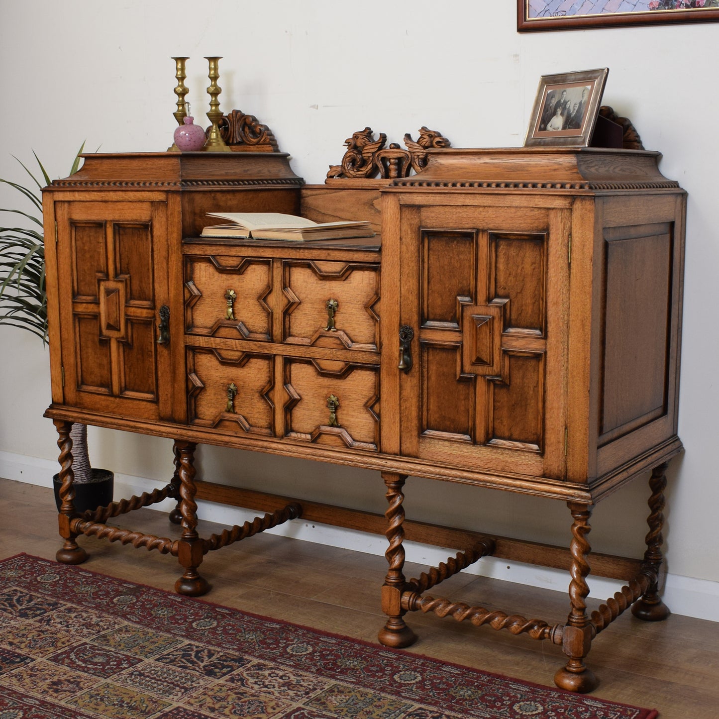 Vintage Carved Oak Barley Twist Sideboard