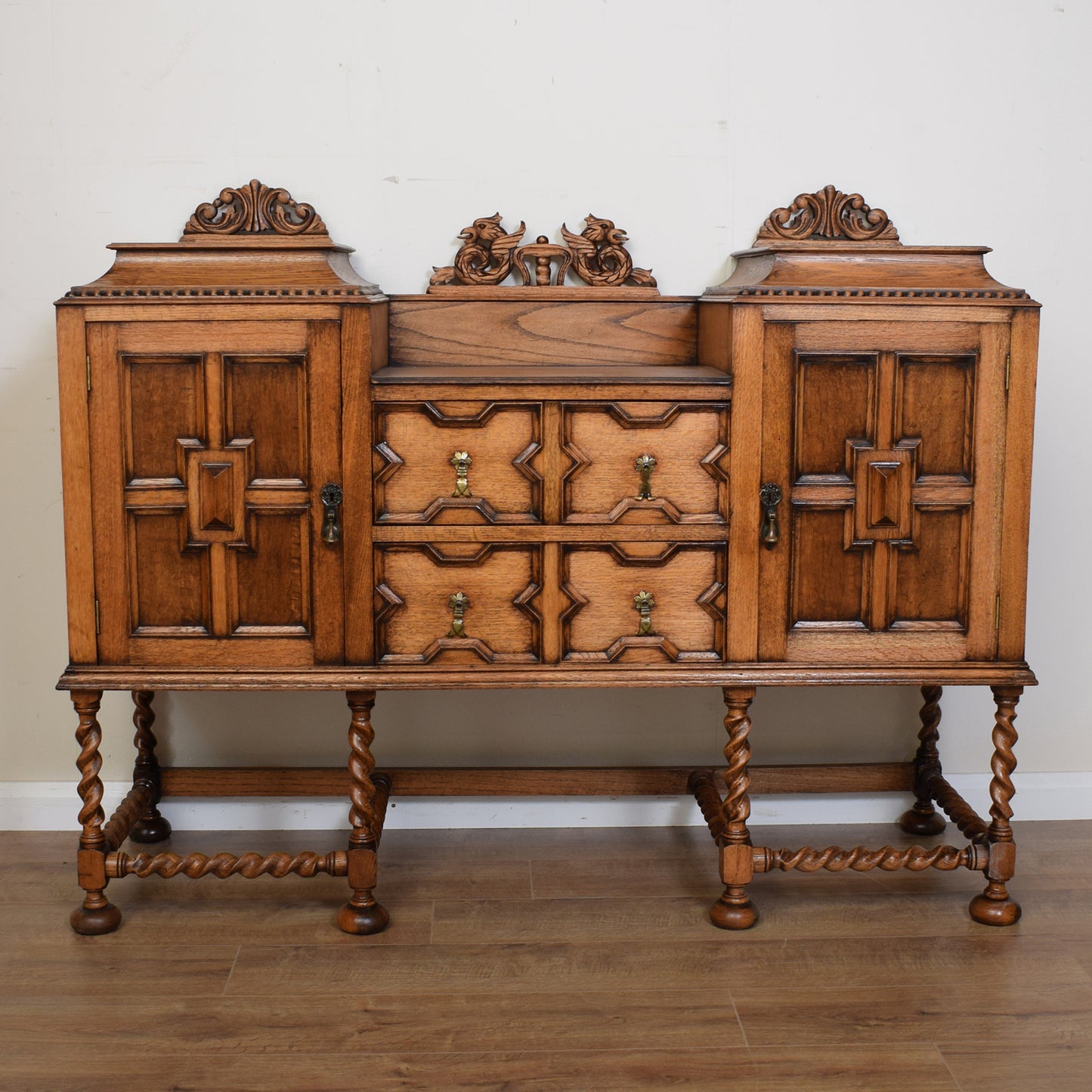Vintage Carved Oak Barley Twist Sideboard